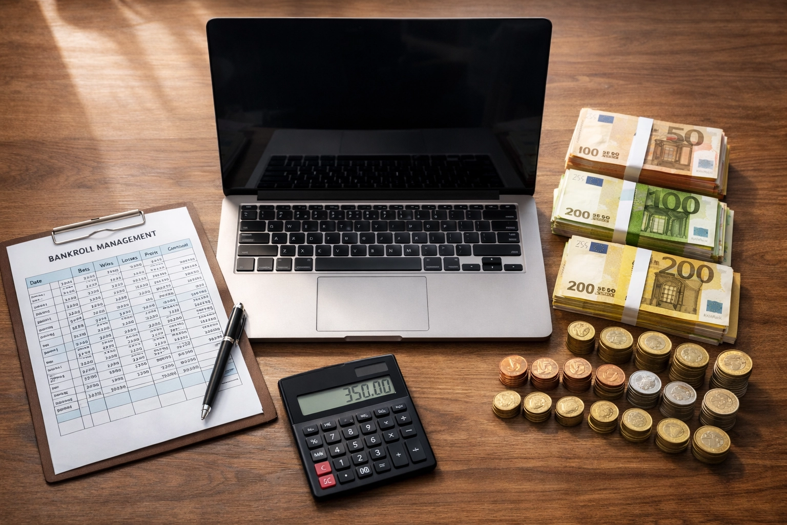 Professionelles Bankroll-Management Setup mit Laptop, Taschenrechner und Wettguthaben-Planung