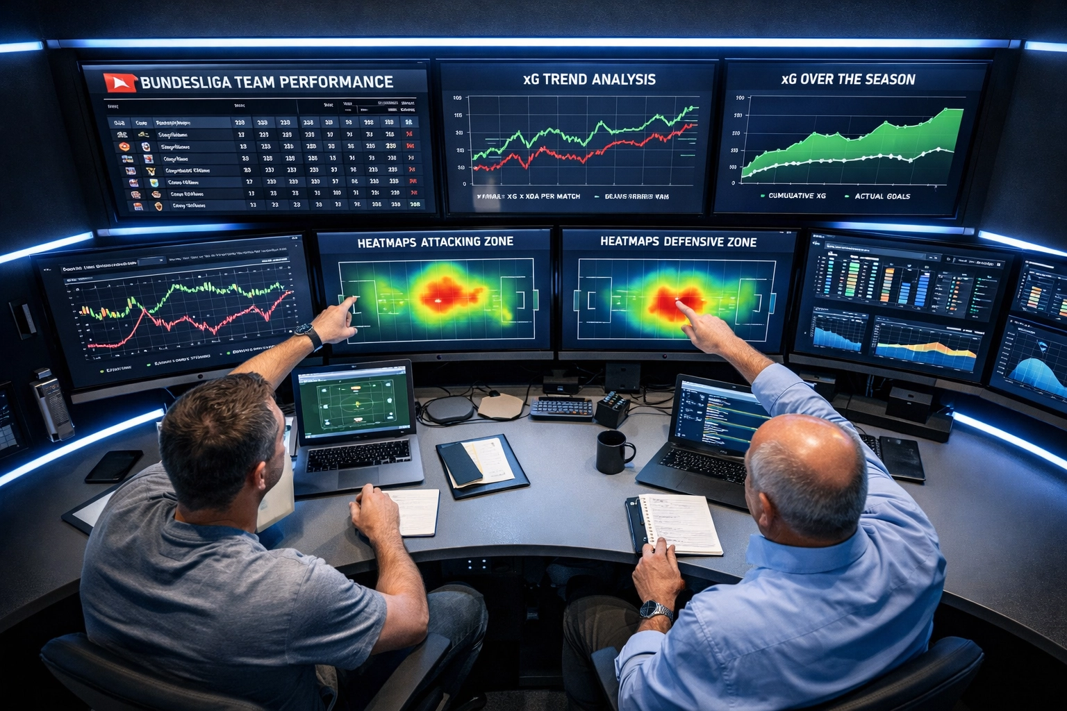 Professionelles Analytics-Büro mit Bundesliga xG-Trends und Saisonanalyse-Daten