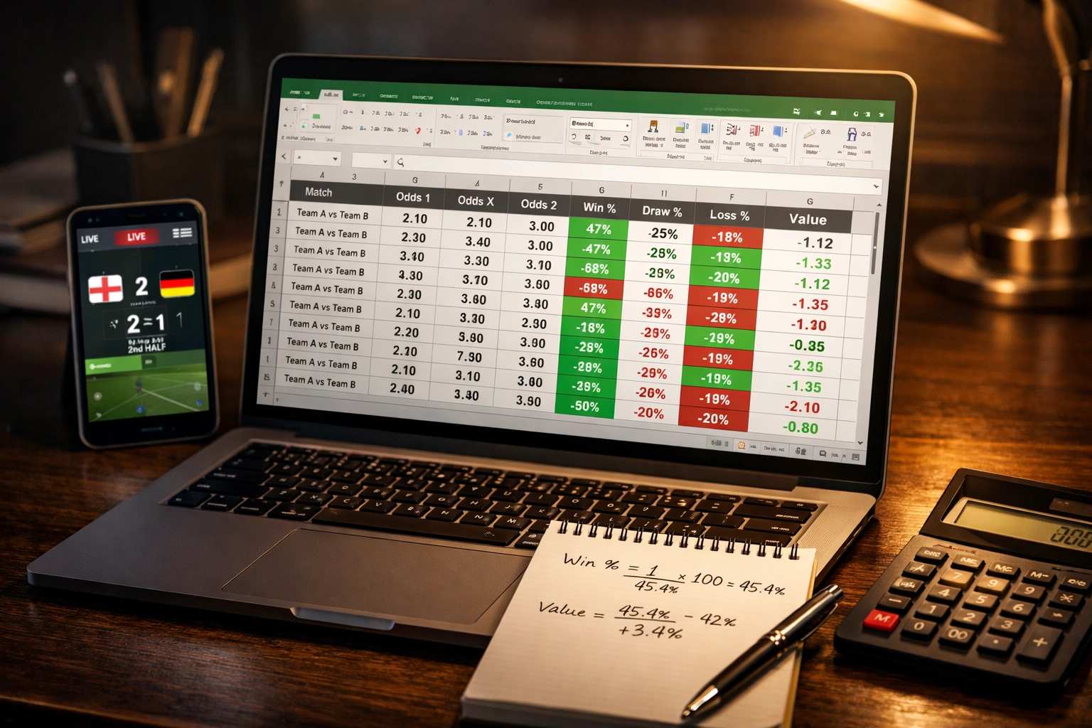 Excel-Tabelle mit Wettquoten und Value-Berechnungen für systematisches Sportwetten