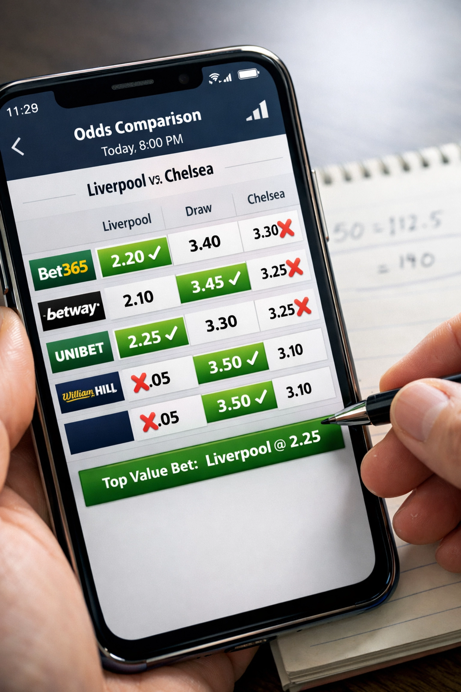 Quotenvergleich verschiedener Wettanbieter auf Smartphone für Value-Wetten