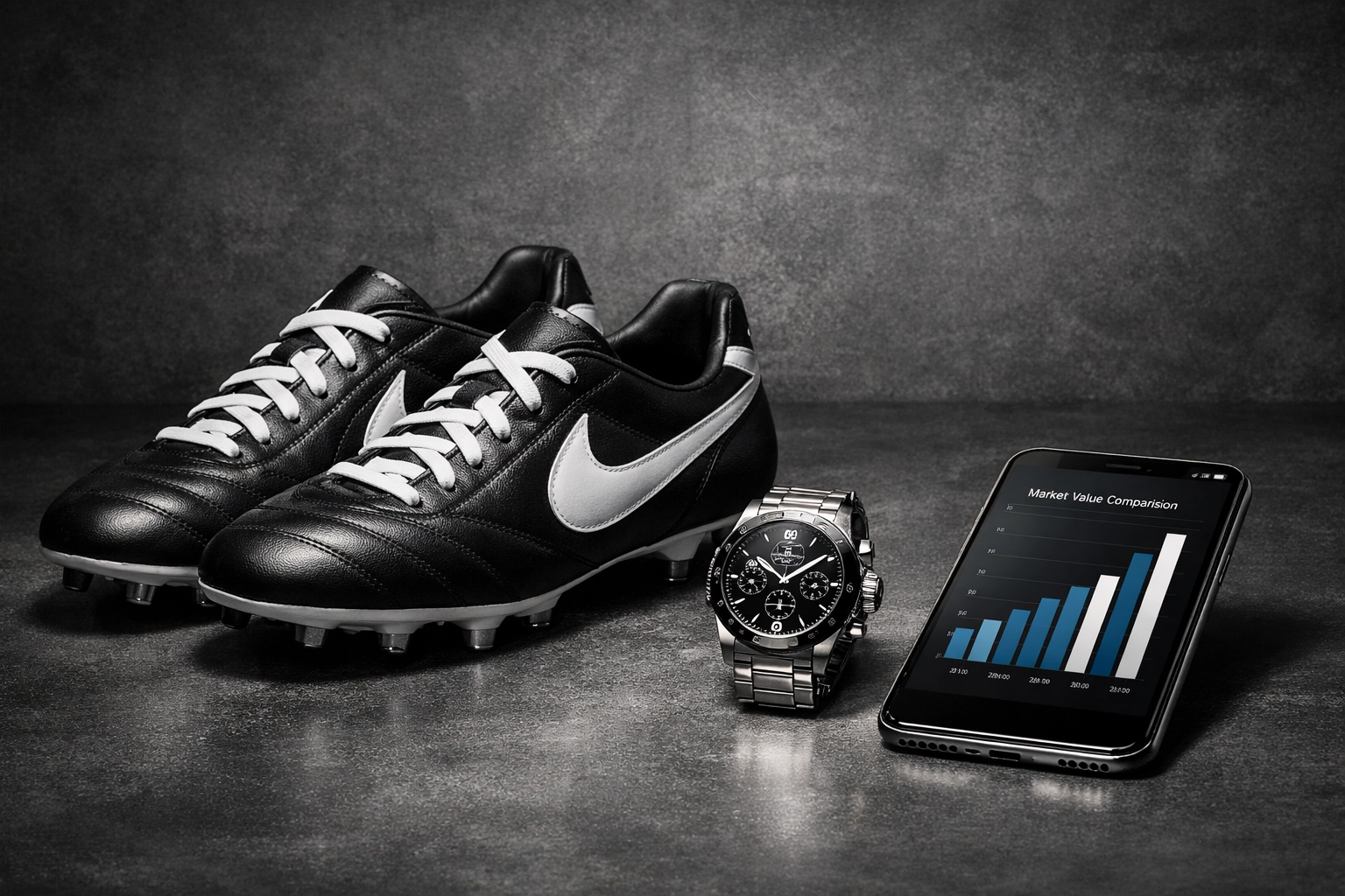 Fußballschuhe und Marktwert-Analyse auf einem Smartphone zur Kader-Effizienzbewertung.