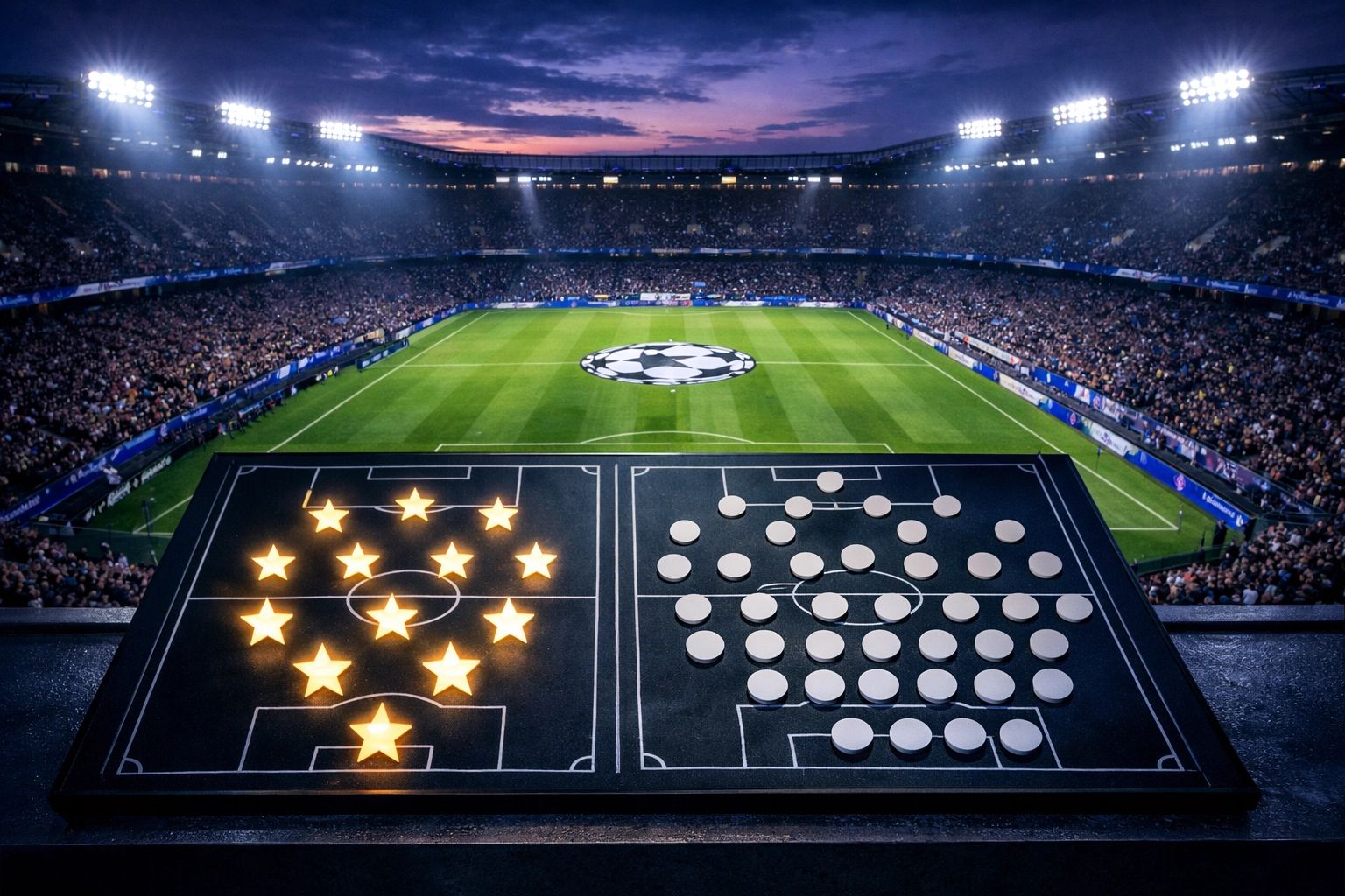 Champions League Taktikboard zeigt Startelf-Qualität versus Kadertiefe-Strategie im Stadion