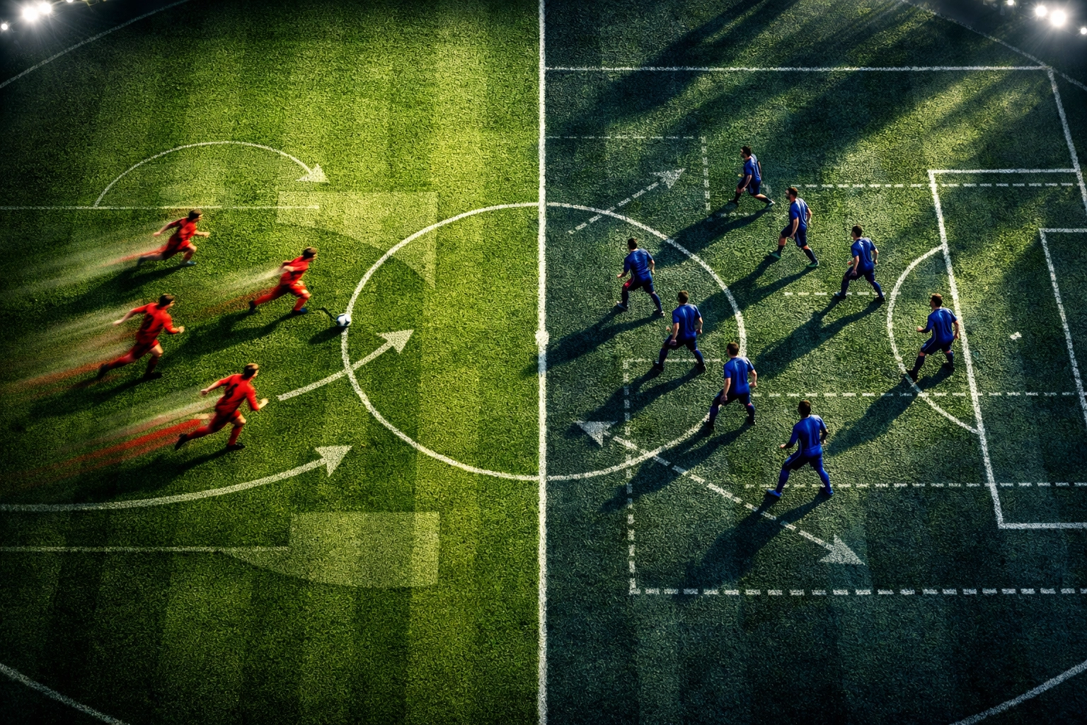 Offensive und defensive Spielsituation auf dem Fußballfeld mit taktischen Zonen