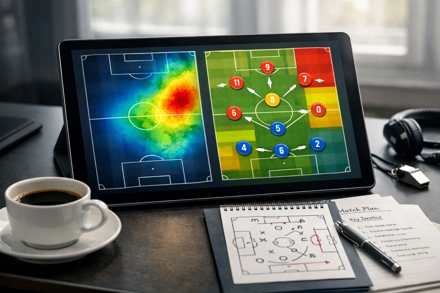 Tablet mit taktischer Heatmap Analyse und Spielerpositionen auf Fussballfeld