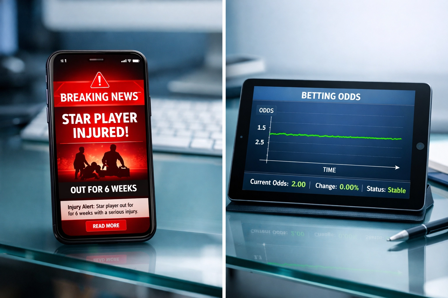 Verletzungsmeldung auf Smartphone neben stabiler Wettquoten-Grafik zeigt eingepreiste Information