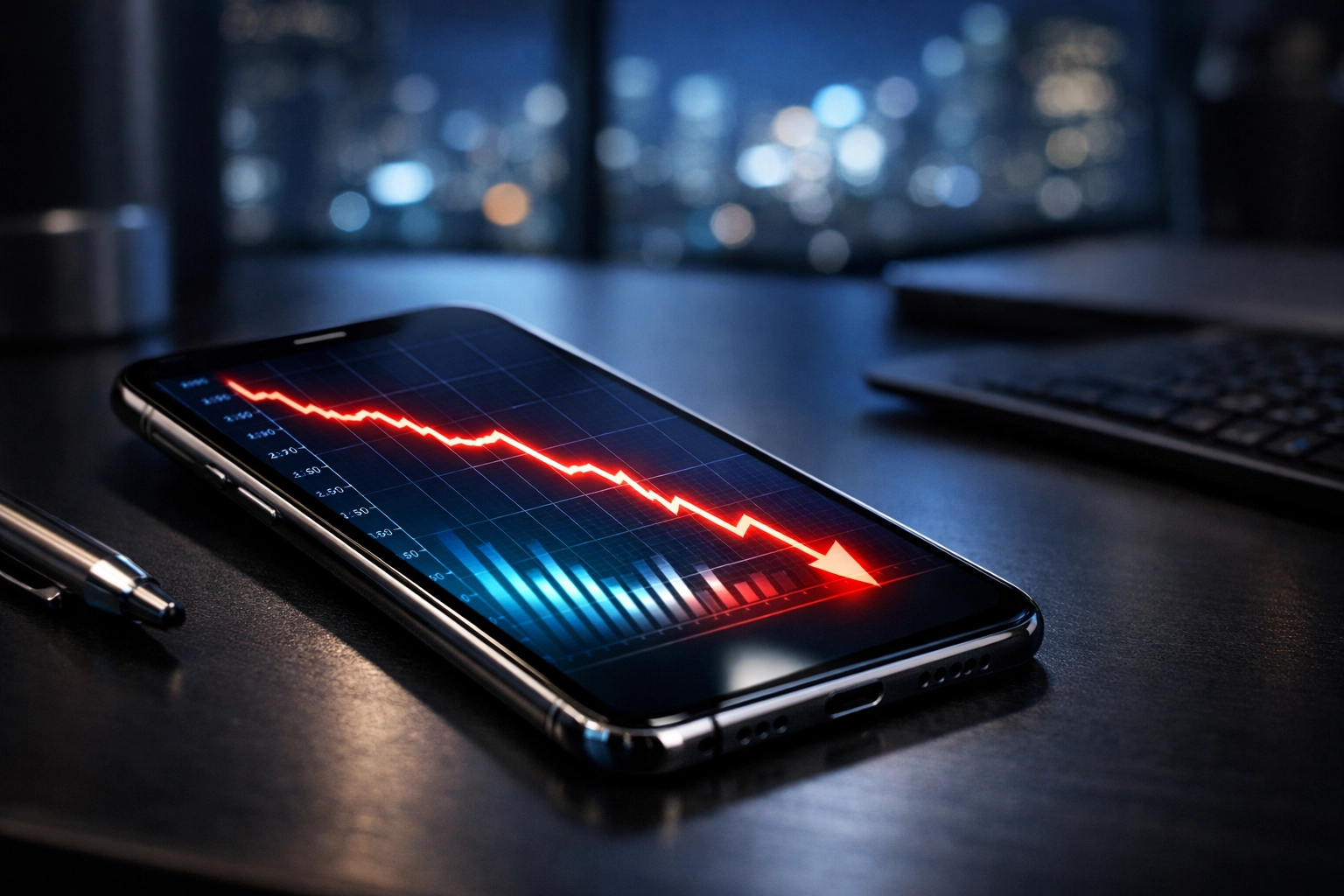 Smartphone zeigt eine Analyse von Markttrends mit fallenden Quoten auf einem Diagramm.