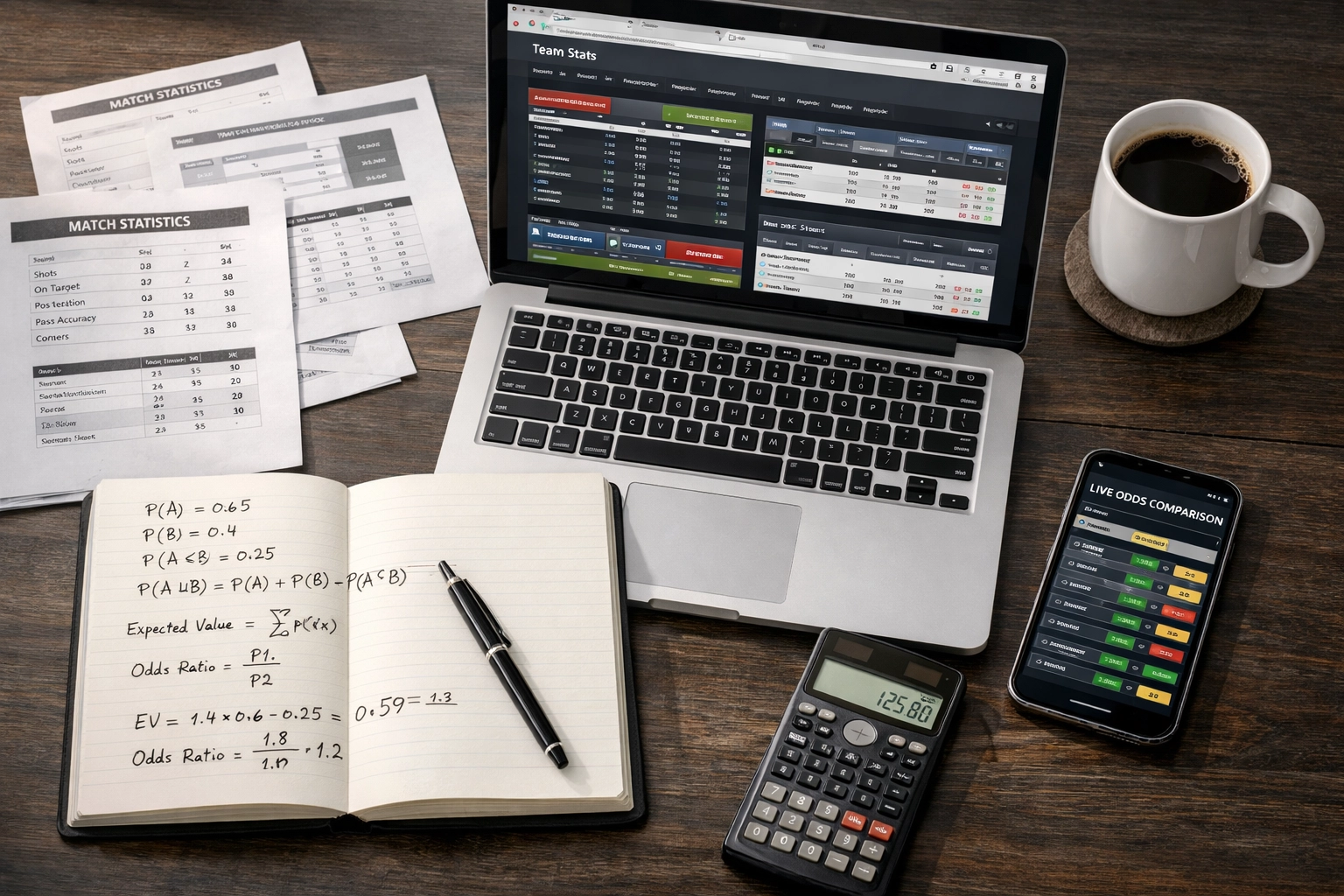 Arbeitsplatz mit Statistiken, Wahrscheinlichkeitsberechnungen und Quotenvergleich für Sportwetten Analyse