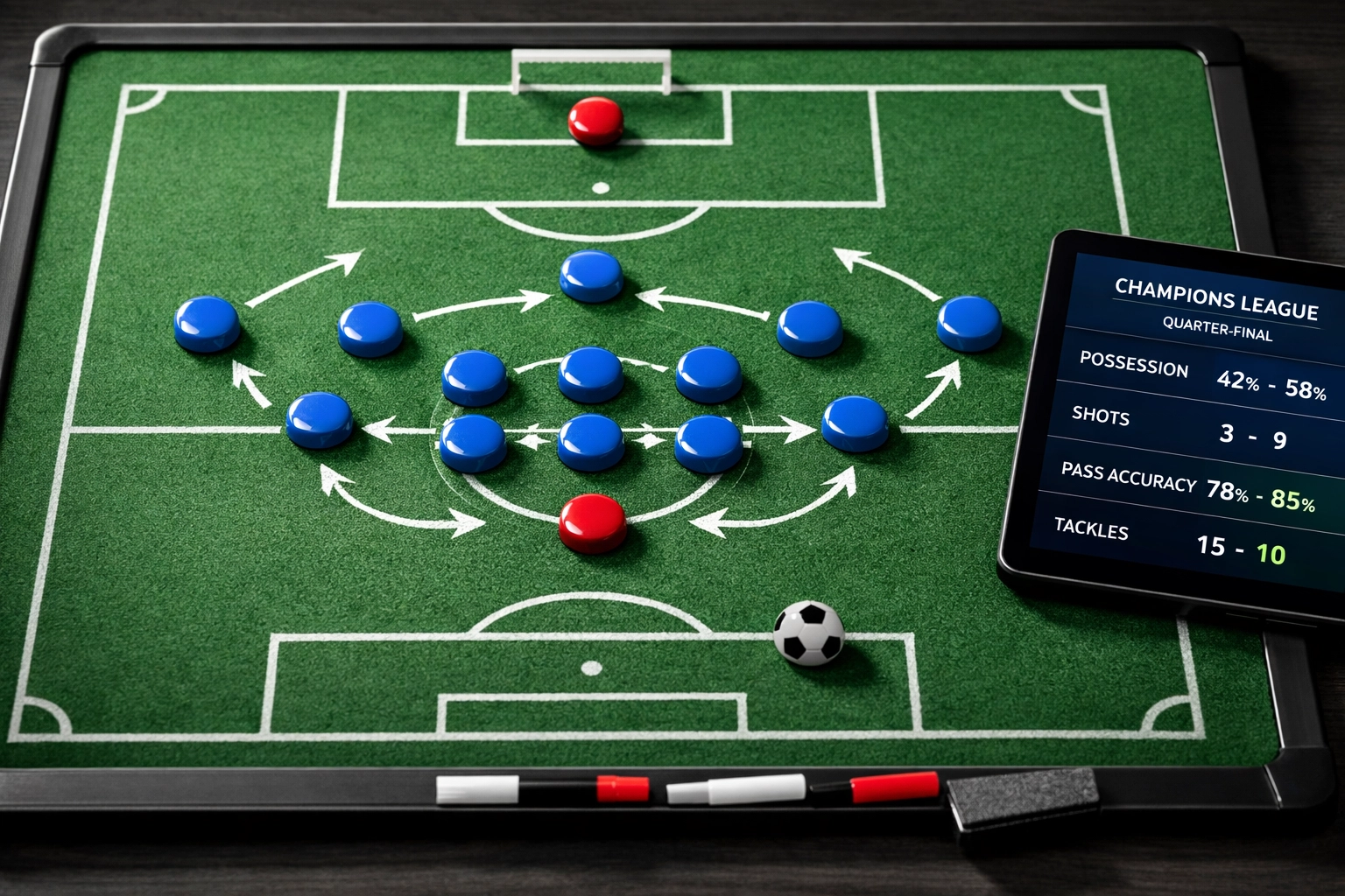 Taktiktafel mit defensiver 4-5-1-Formation für Champions League Achtelfinale Analyse