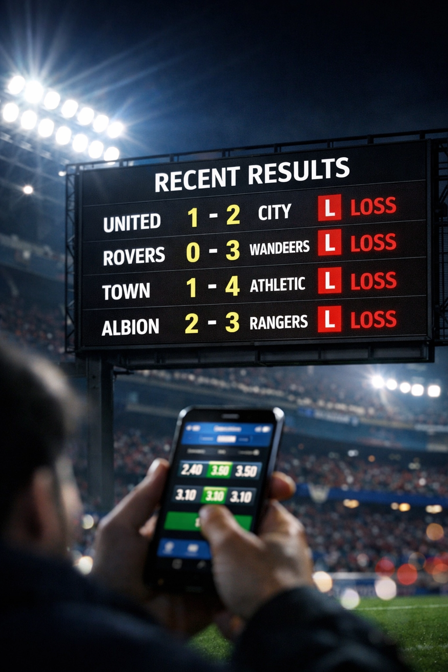 Stadion-Anzeigetafel mit Verlustserie und Smartphone mit Sportwetten-Quoten