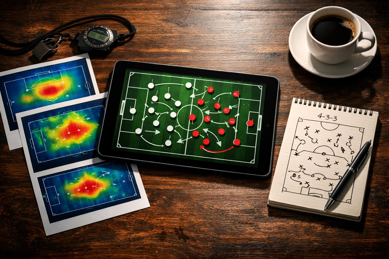 Taktikanalyse mit Tablet und Heatmaps zeigt datenbasierte Bundesliga-Spielvorbereitung
