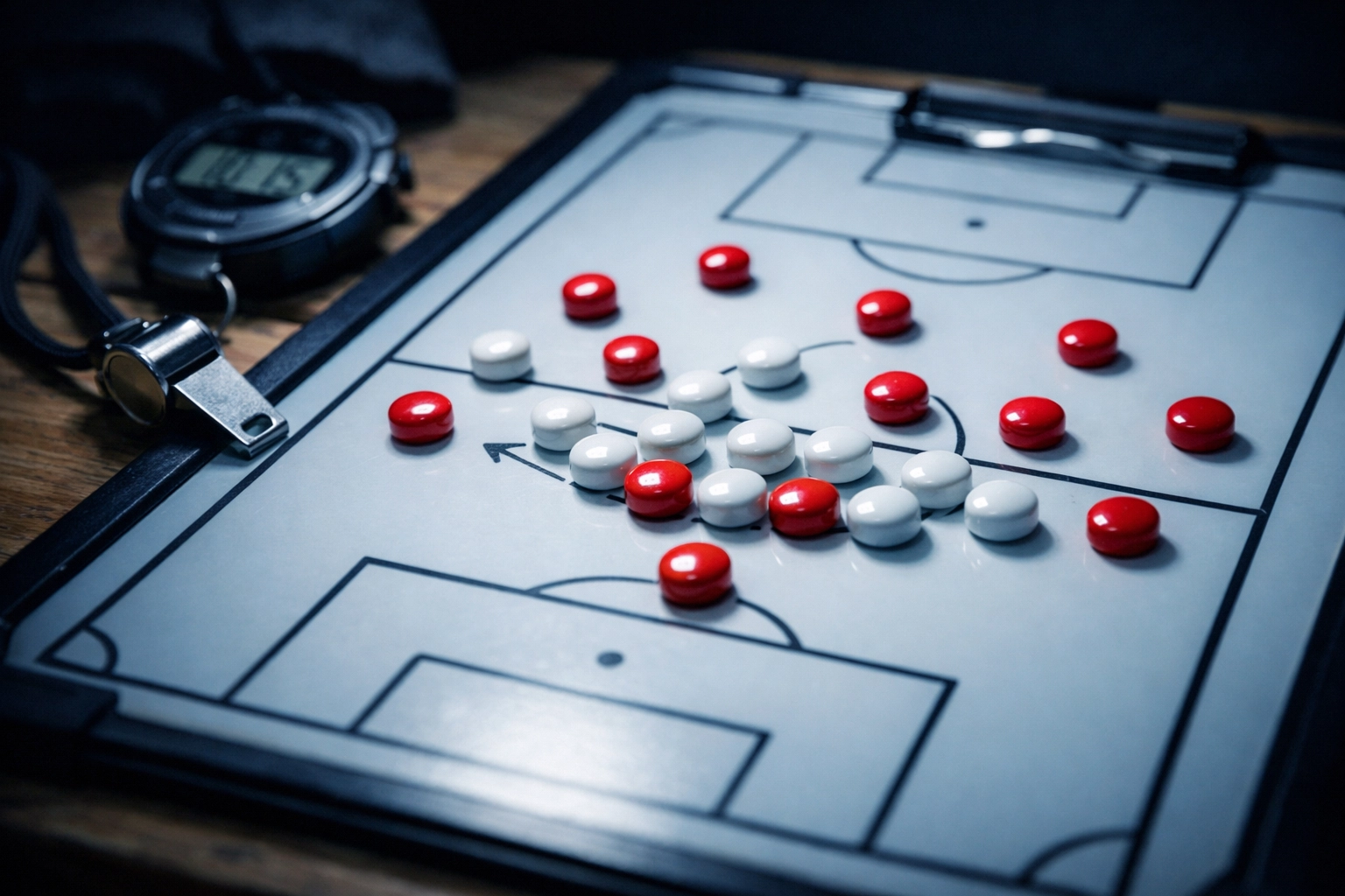 Taktikboard mit Spielfiguren zur professionellen Analyse von Fußballspielen