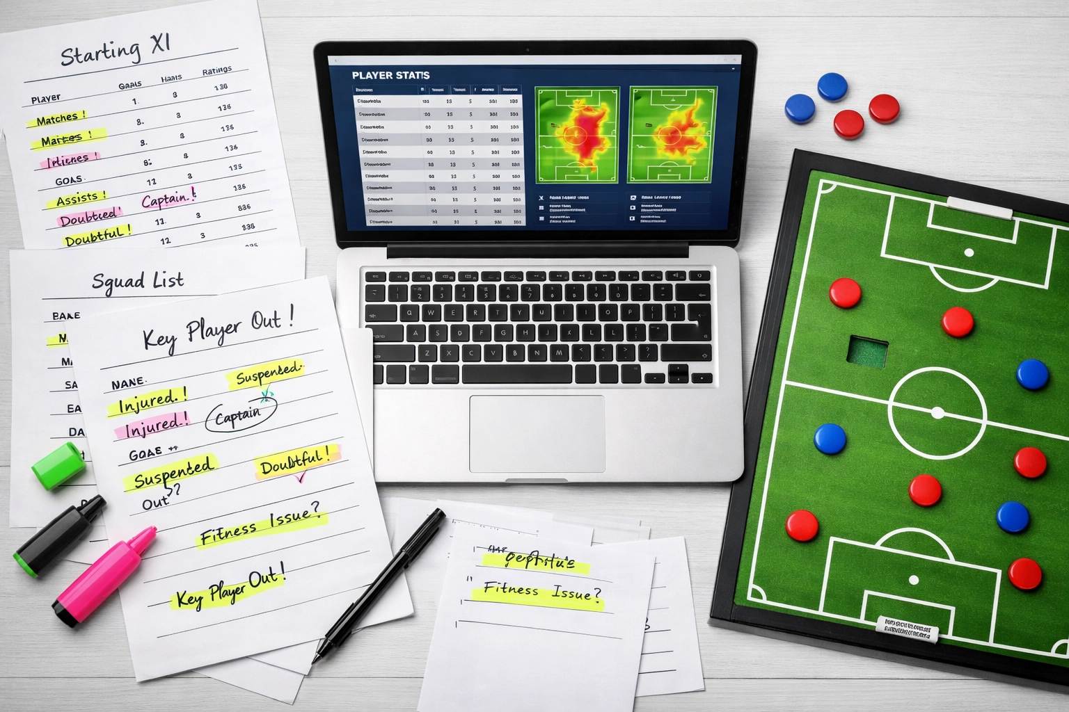 Analysten-Arbeitsplatz mit Spielerstatistiken, Taktiktafel und Aufstellungsnotizen für Wettstrategie