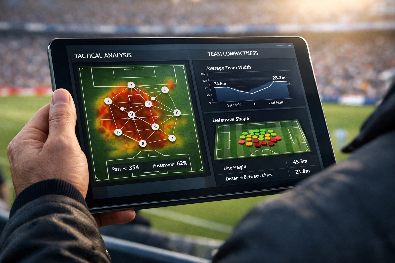Digitale Taktik-Analyse auf einem Tablet mit Heatmaps zur Überwachung der mannschaftlichen Kompaktheit.