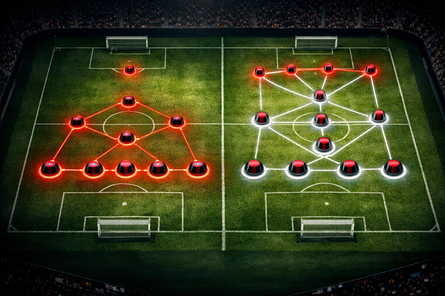 Taktische Darstellung von Leverkusens 3-4-3 Formation im Übergang von Defensive zu Angriff