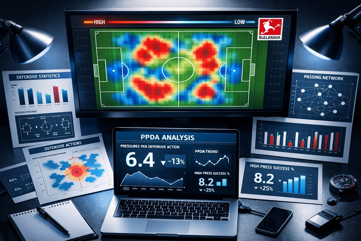 Bundesliga PPDA-Datenanalyse auf Monitor mit taktischen Heatmaps und Defensivstatistiken