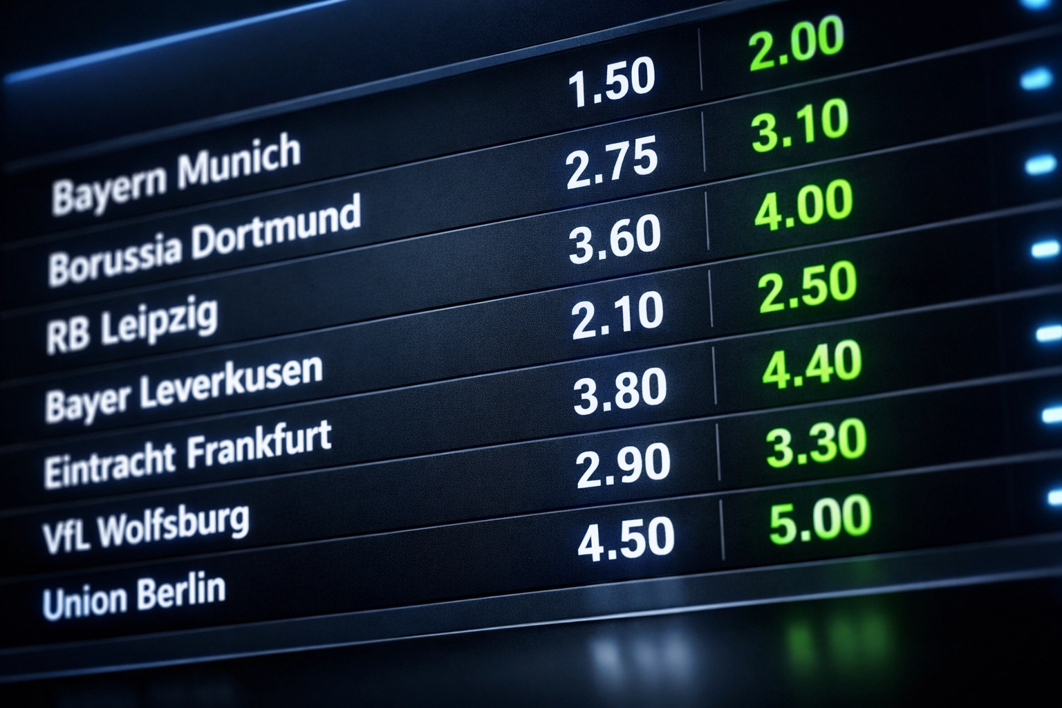 Digitale Quotentafel zeigt Bundesliga Wettquoten und Statistiken für Bayern München