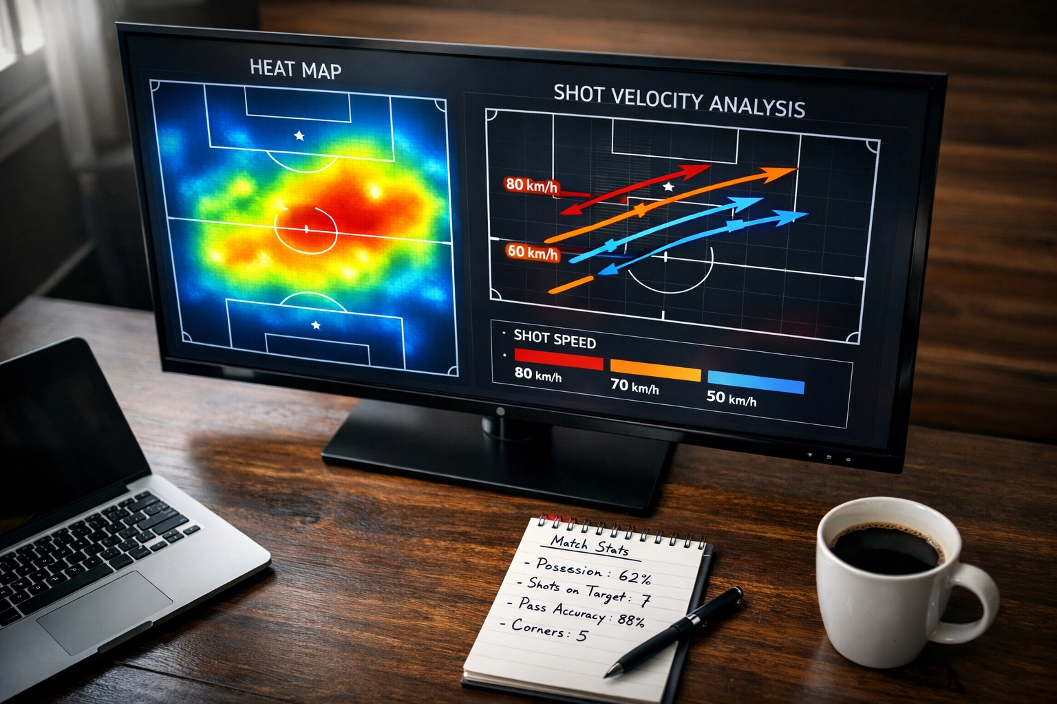 Fußball-Analyse Workspace mit xG-Daten und Schussgeschwindigkeit-Visualisierung auf Monitor