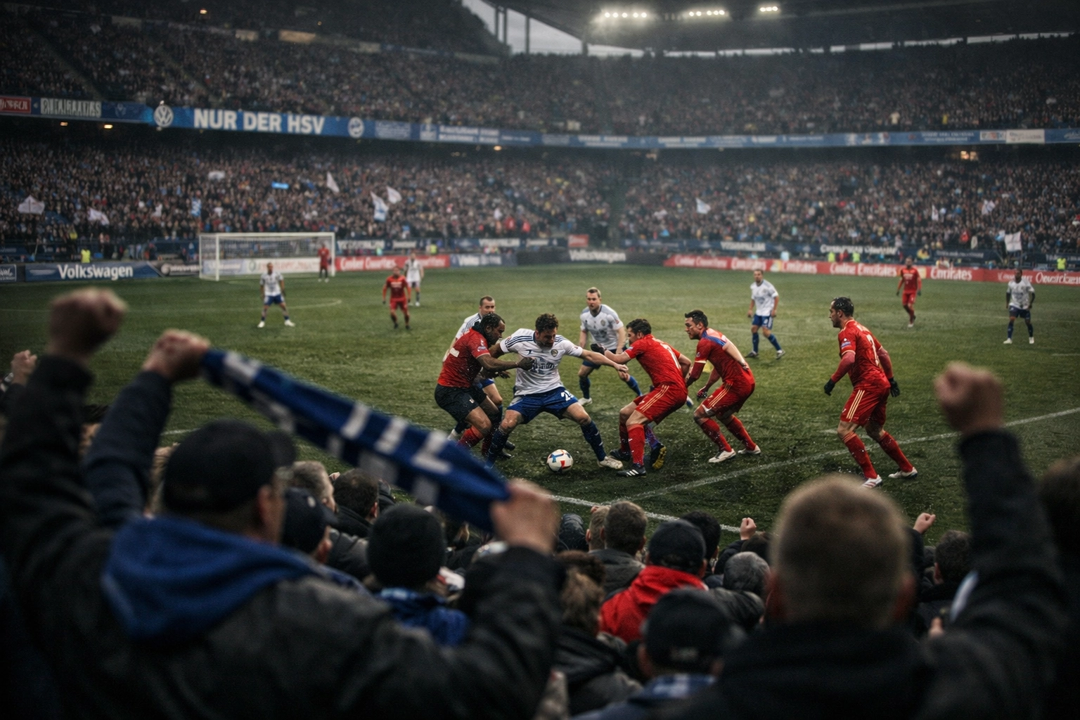 Bundesliga Abstiegskampf HSV intensive Spielszene im ausverkauften Stadion