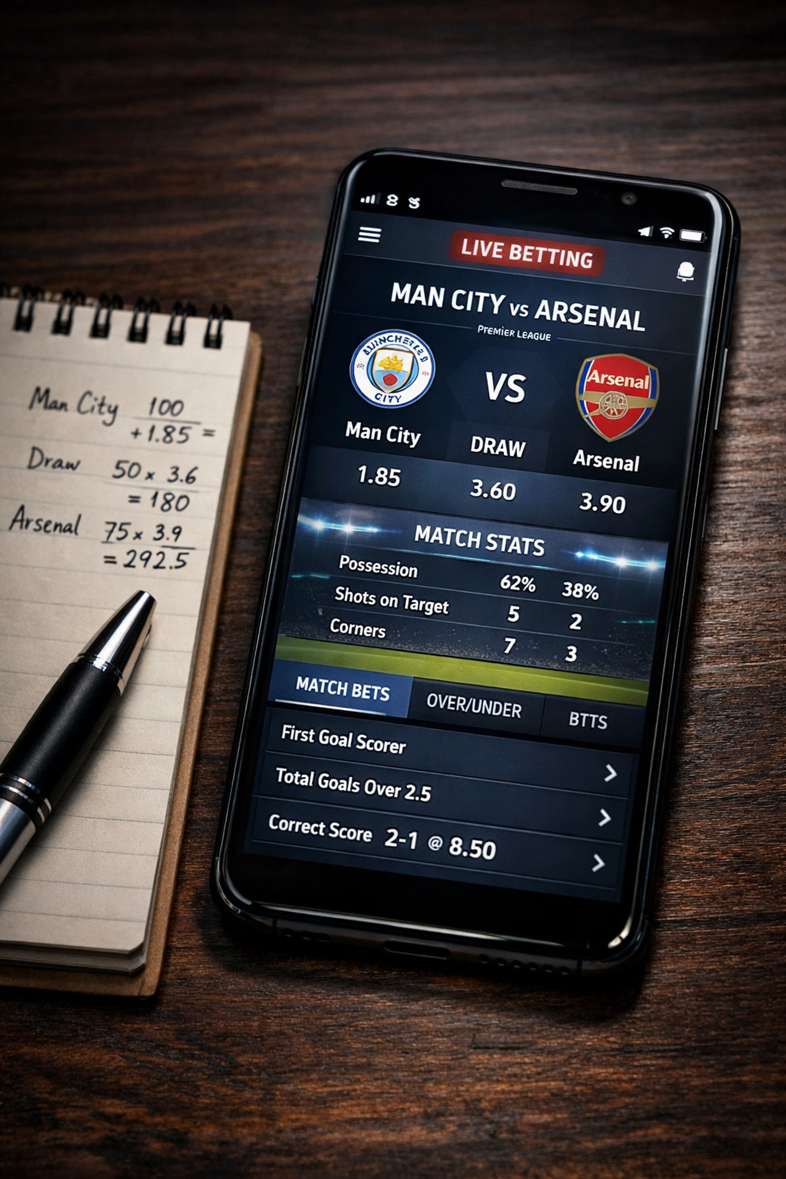 Sportwetten-App mit Manchester City vs Arsenal Quoten und Statistiken auf Smartphone