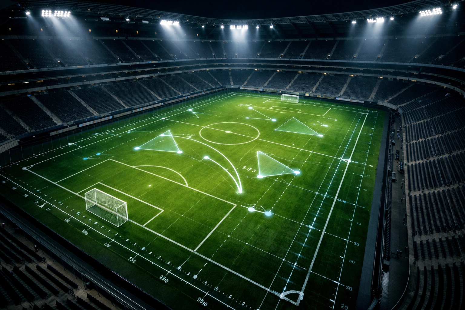Modernes Fußballstadion mit Daten-Grid zur Visualisierung des Erwartungswertes (EV) für Sportwetten.