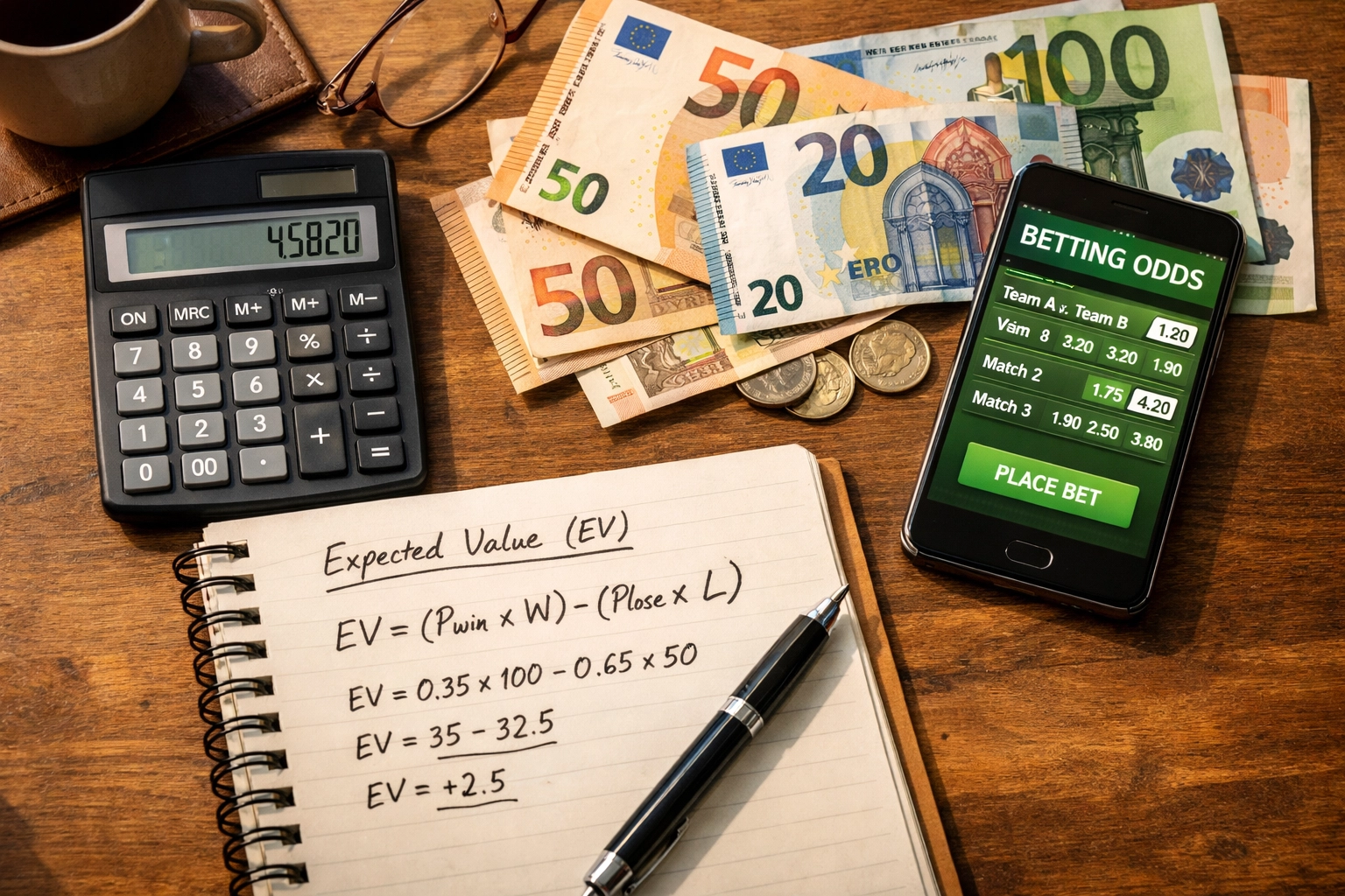 Arbeitsplatz mit Taschenrechner, Euro-Scheinen und EV-Formel für Quotenvergleich