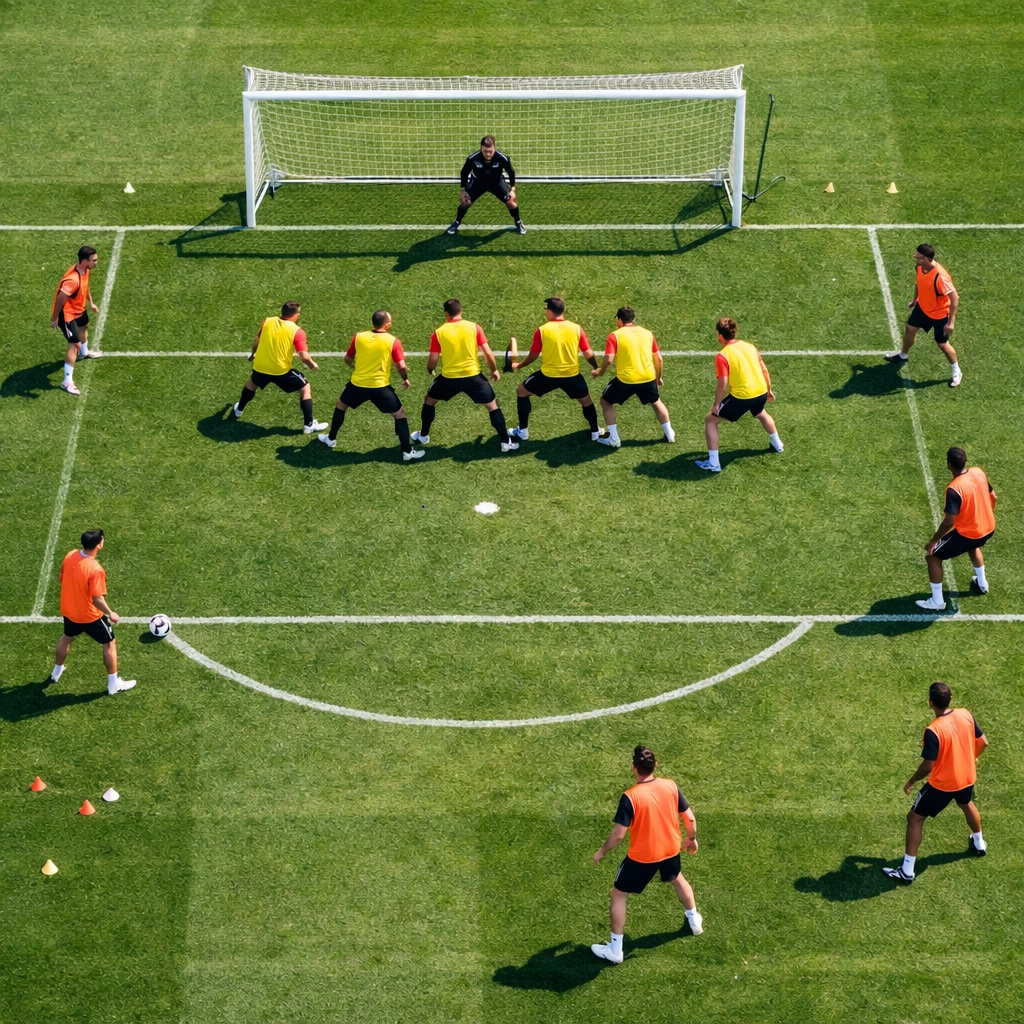 Taktische Fünferkette Formation von oben mit kompakter Defensive im Strafraum