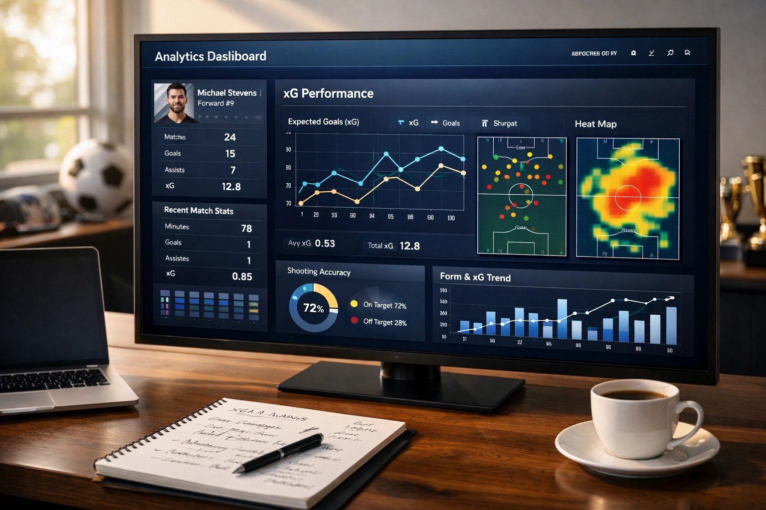 Spielerstatistiken und xG-Metriken auf Analytics-Dashboard zur Transfer-Bewertung