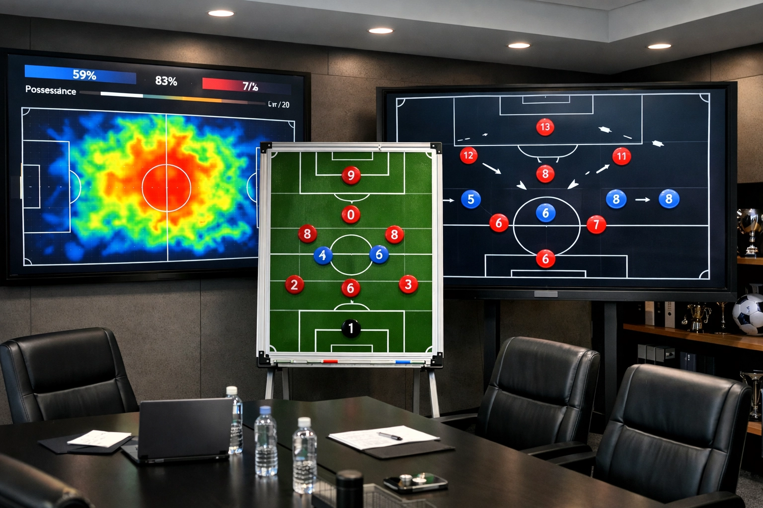 Moderne Fußball-Analysezentrale mit 4-2-3-1 Systemdiagrammen und taktischen Bildschirmen