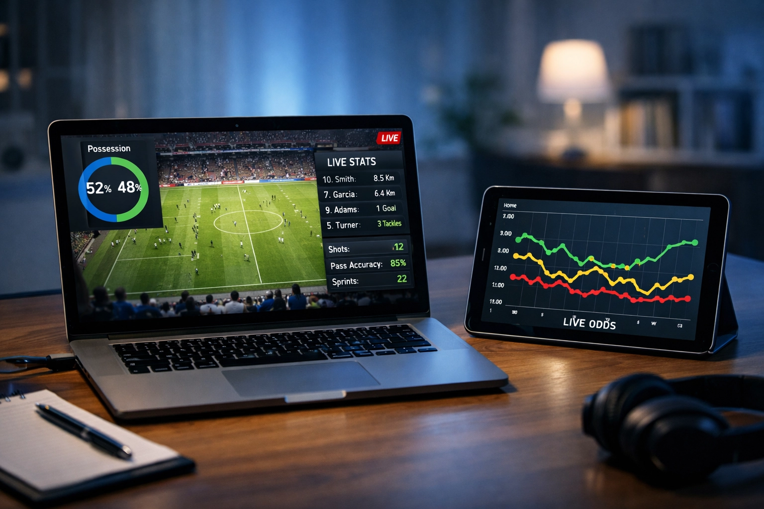 Analyse-Arbeitsplatz mit Live-Statistiken und Quoten-Diagrammen für datenbasierte Entscheidungen.