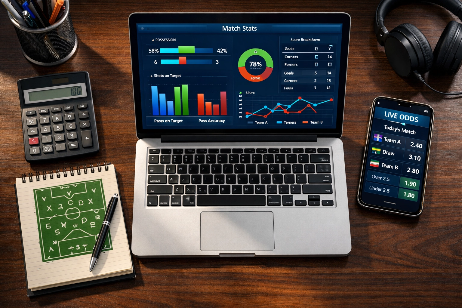 Sportwetten-Datenanalyse am Laptop mit Statistiken, Quoten und taktischen Formationen