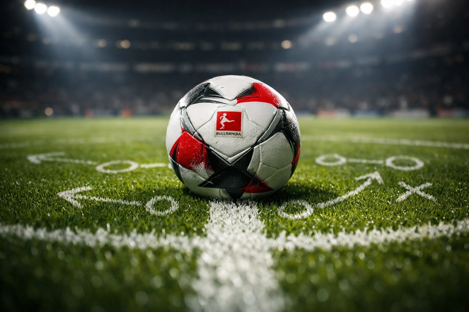 Bundesliga Fußball mit taktischen Positionsmarkierungen auf dem Rasen