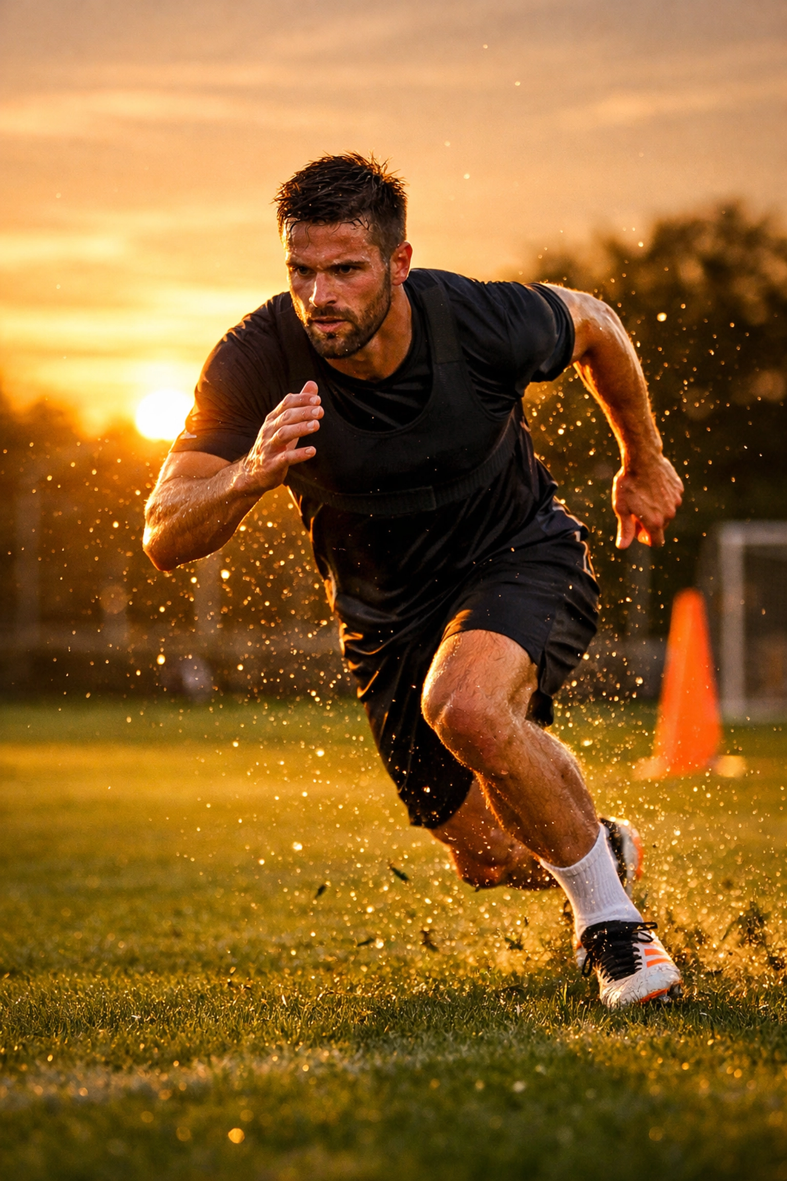 Bundesliga-Profi beim Training mit GPS-Weste zur Belastungssteuerung und Leistungsanalyse.