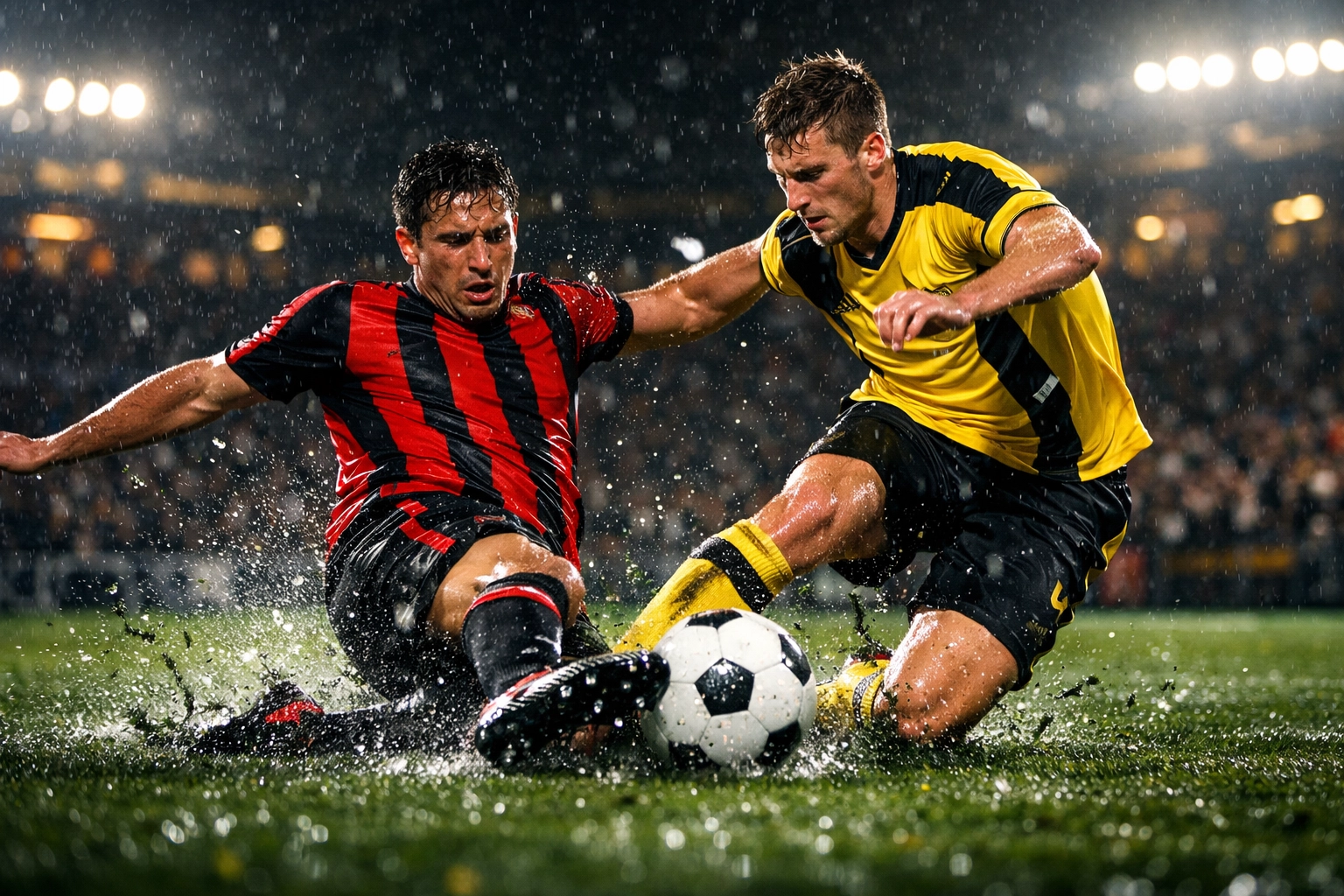 Intensiver Zweikampf im Bundesliga-Spiel Leverkusen gegen Dortmund bei Flutlicht