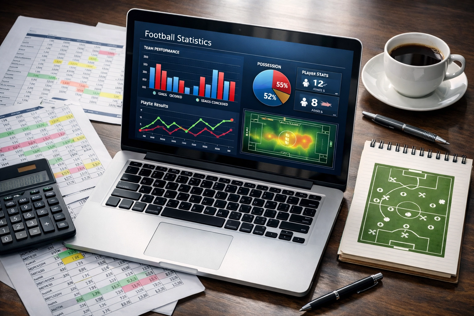 Arbeitsplatz mit Fußballstatistiken und Datenanalyse für Wettprognosen