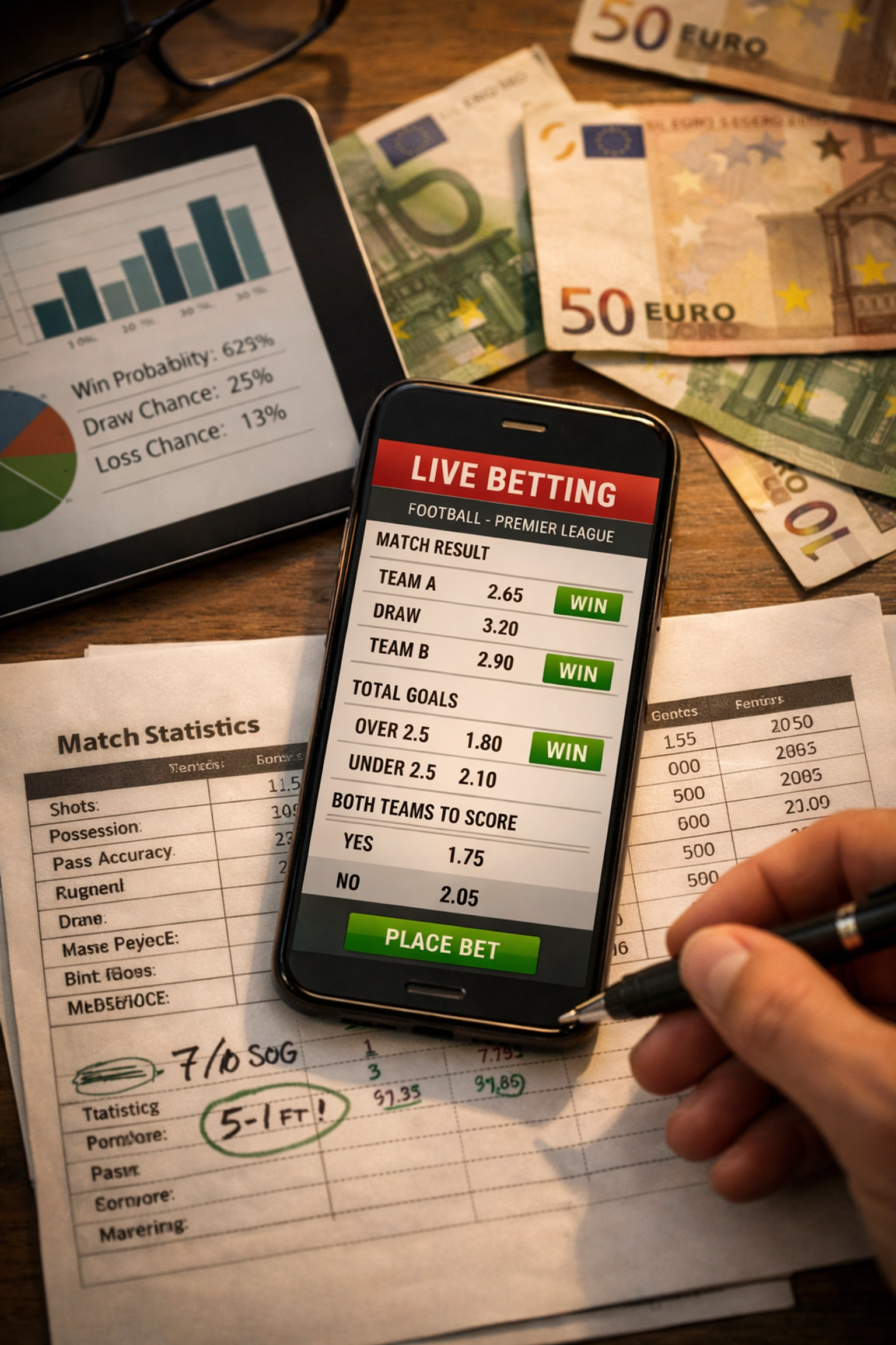 Value Bet Analyse-Arbeitsplatz mit Wettquoten, Statistiken und Berechnungen auf Tablet