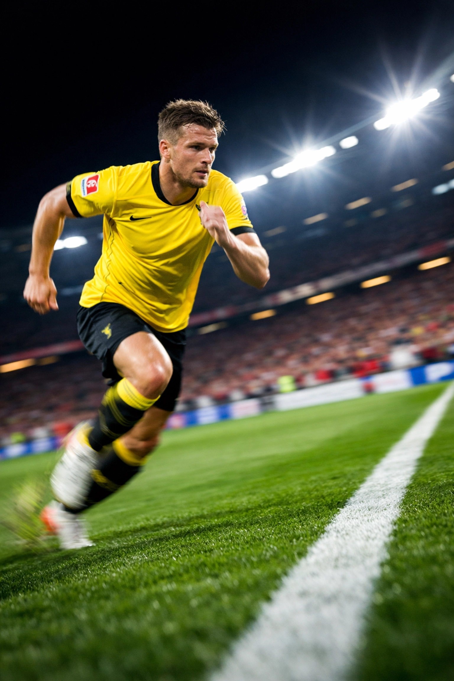 Offensiver Außenverteidiger im Sprint auf der Außenbahn einer Bundesliga-Partie