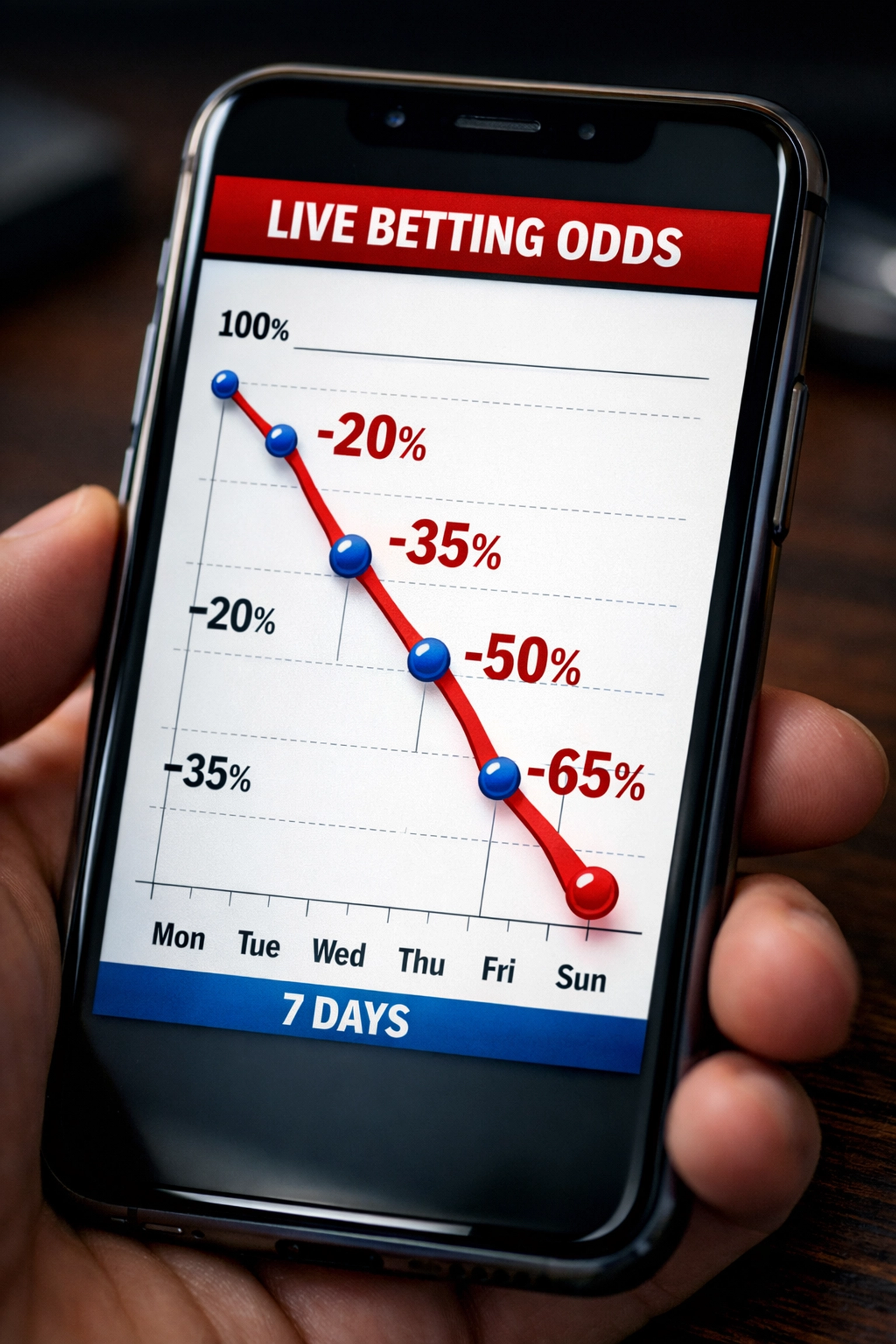 Smartphone zeigt Quotenbewegungen-Graph über 7-Tage-Zeitraum mit fallender Trendlinie