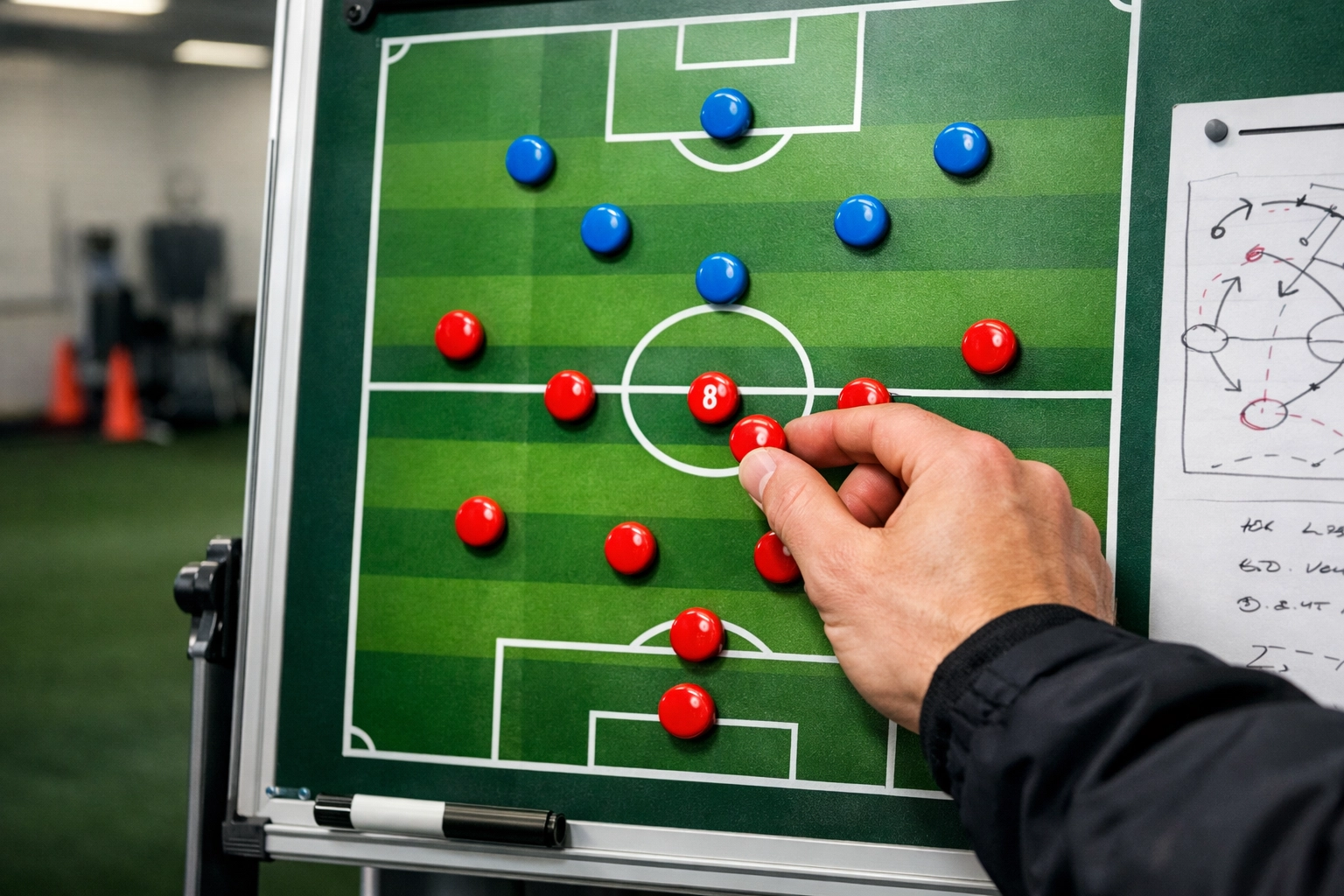 Taktiktafel mit Bundesliga-Formation und Spielfiguren zeigt Trainerstrategie