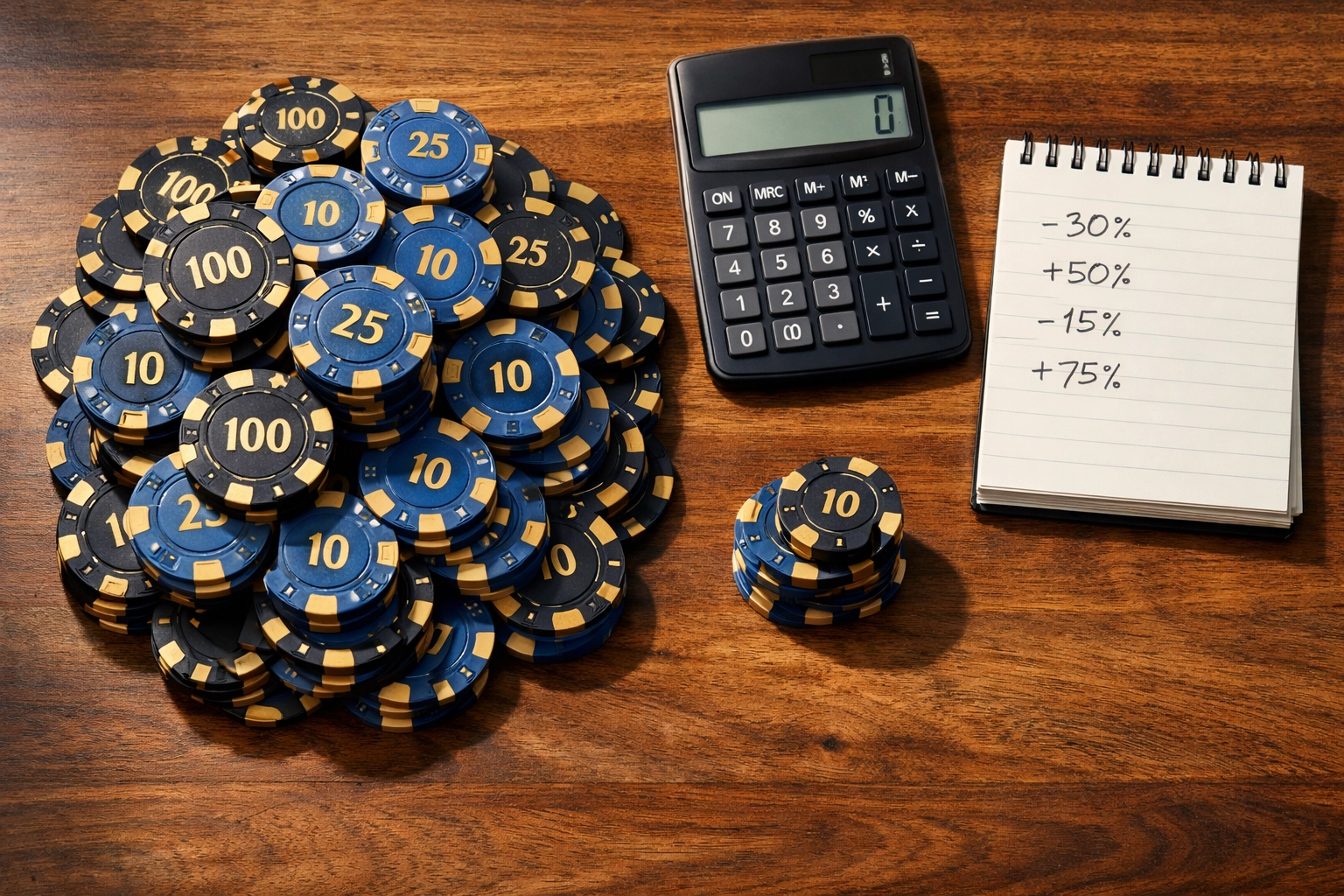 Bankroll-Schwankungen visualisiert durch unterschiedliche Chip-Stapel mit Taschenrechner