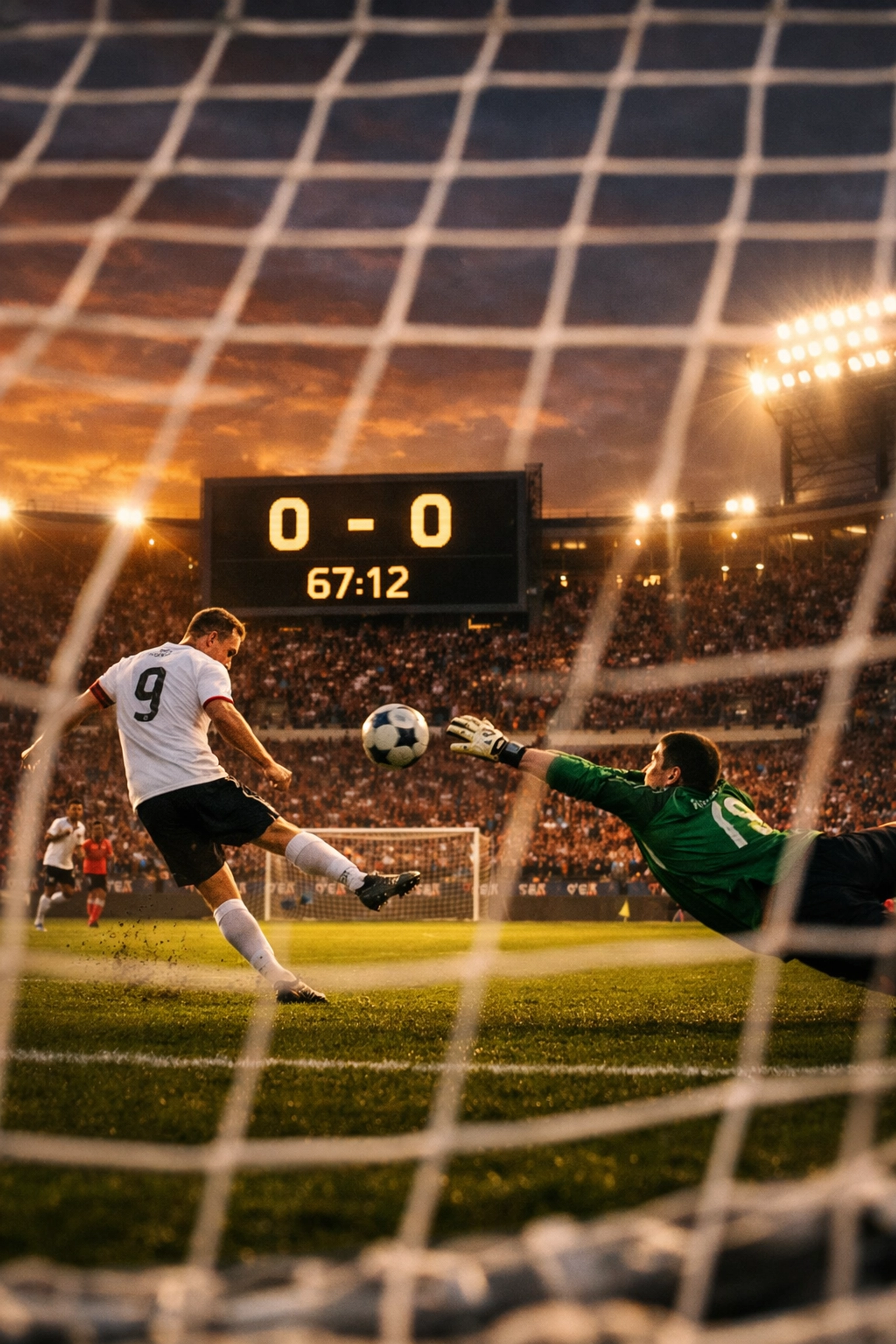 Fußballspiel in der zweiten Halbzeit mit Torchance und Torhüteraktion