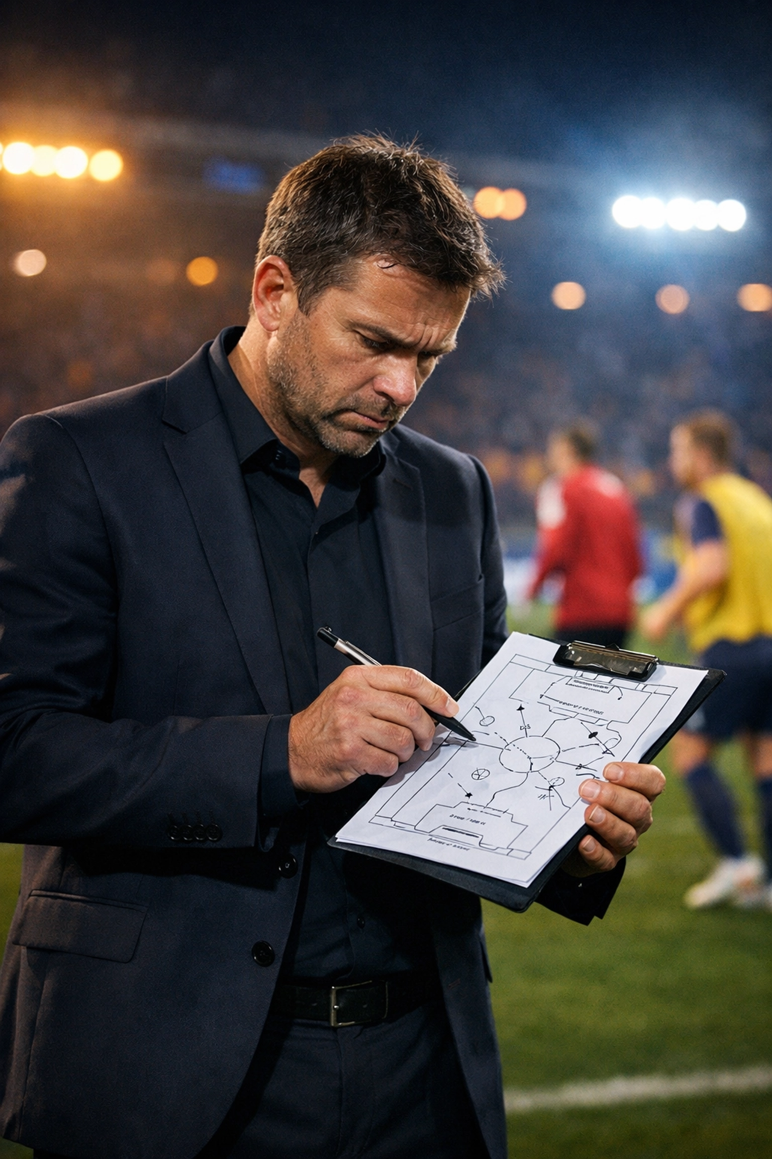 Trainer analysiert taktische Aufstellung am Spielfeldrand