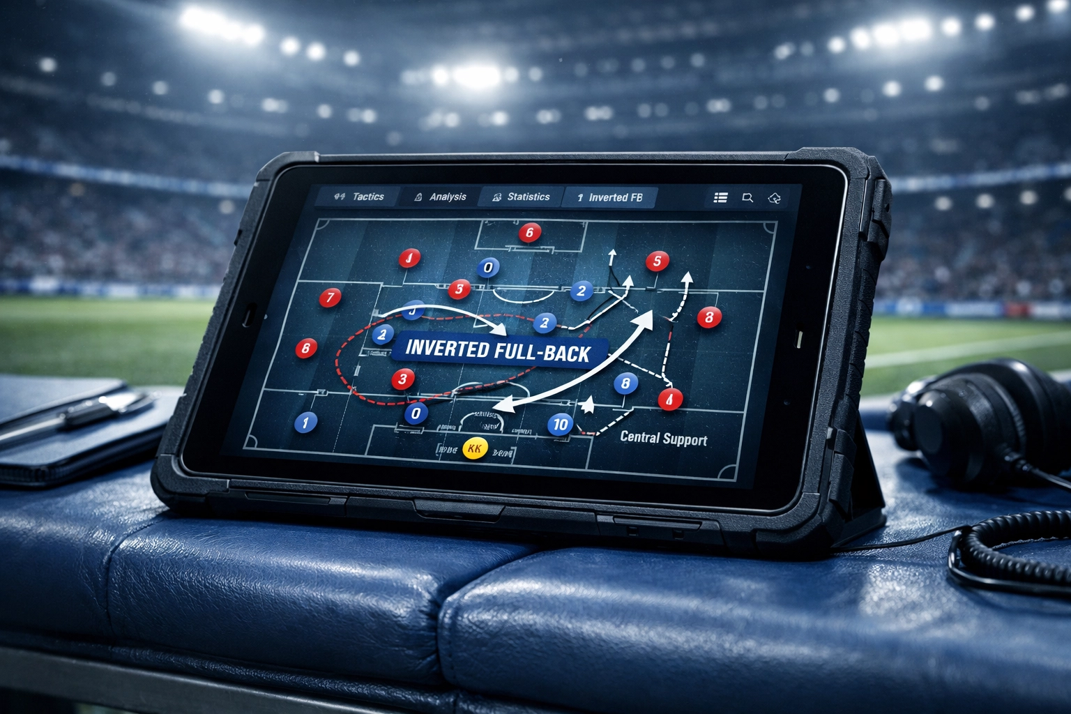 Digitale Taktikanalyse auf einem Tablet zeigt die Rolle des invertierten Außenverteidigers im Stadion.