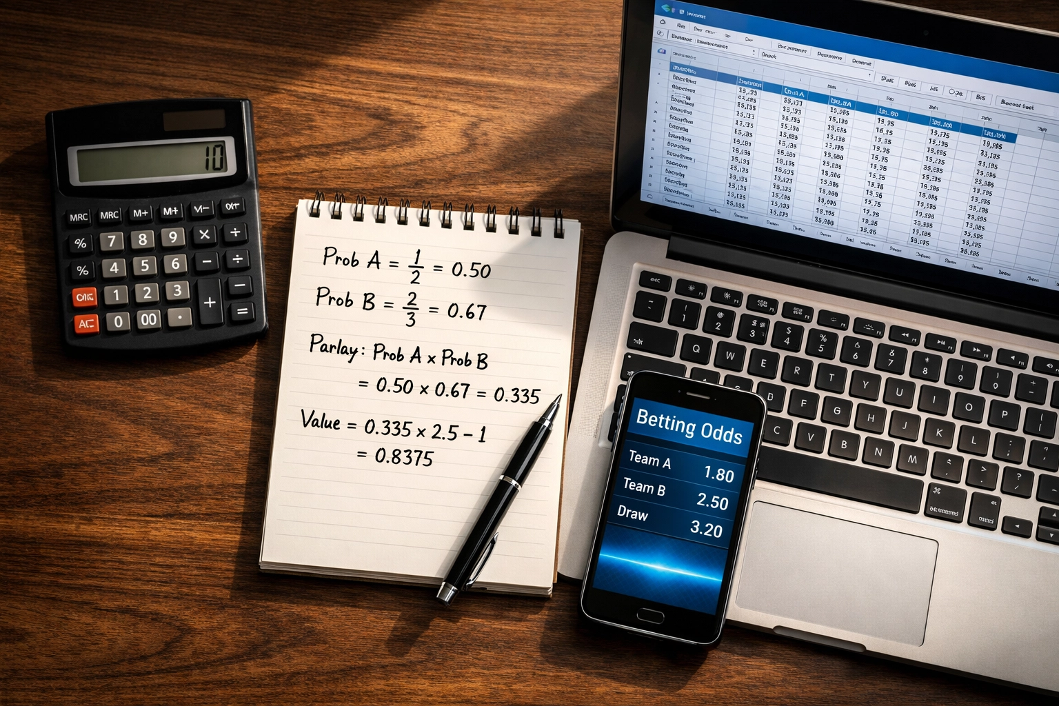 Arbeitsplatz für Wettanalyse mit Taschenrechner, Quoten und Wahrscheinlichkeitsberechnungen