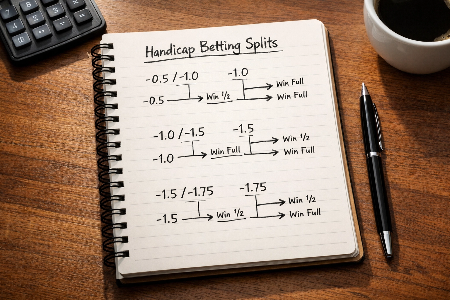 Notizbuch mit Diagramm zur Viertel-Handicap Aufteilung und Splitting-Mechanik