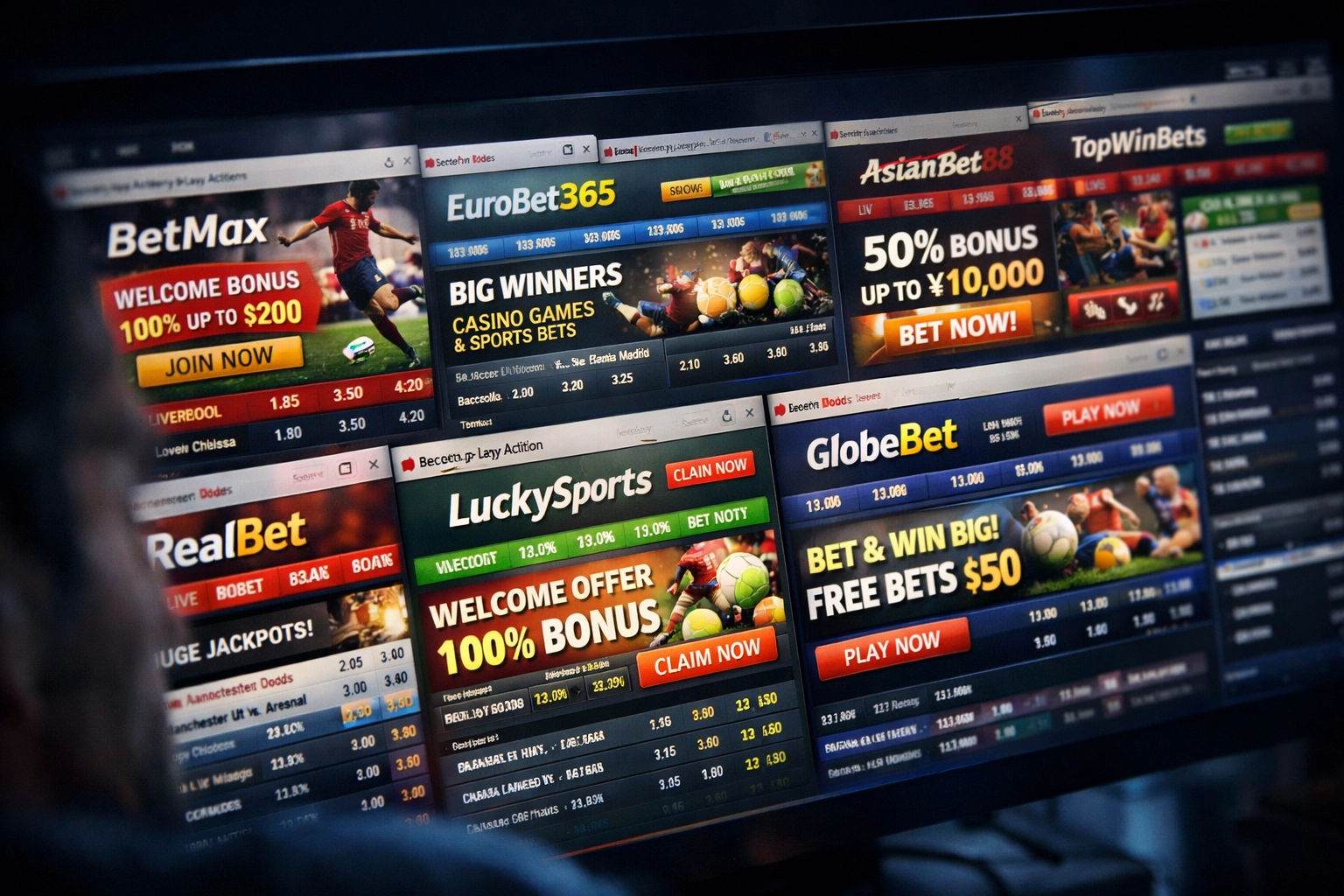 Mehrere Buchmacher-Websites mit Wettquoten auf Computerbildschirm