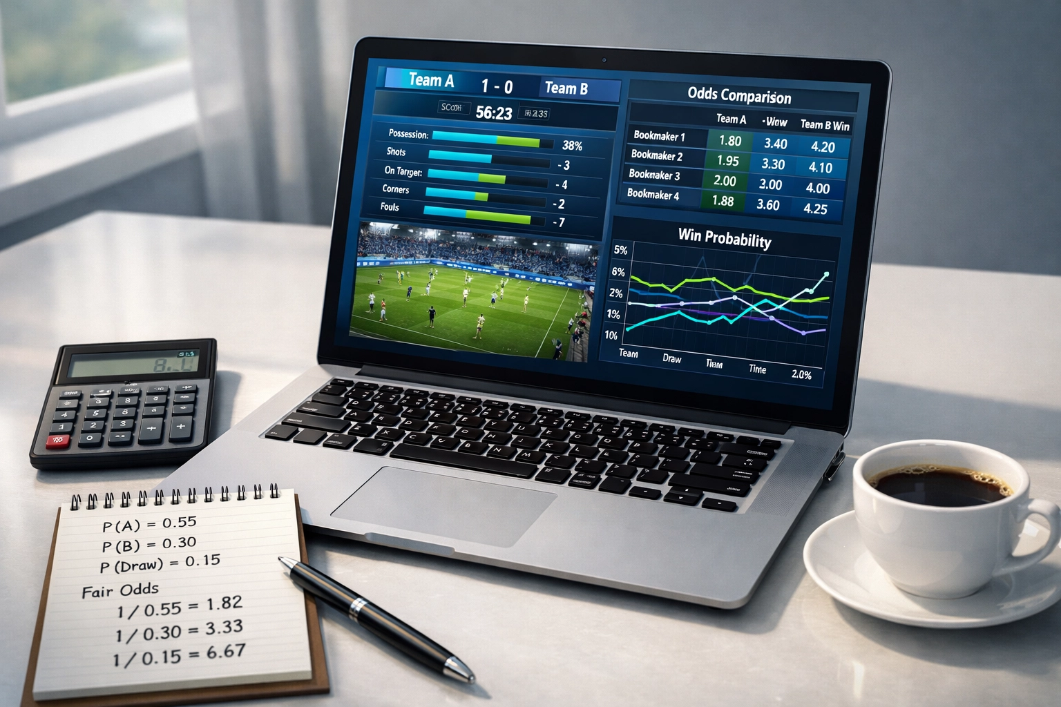 Sportwetten Analyse-Arbeitsplatz mit Laptop zeigt Fußball-Quoten und Wahrscheinlichkeitsberechnungen