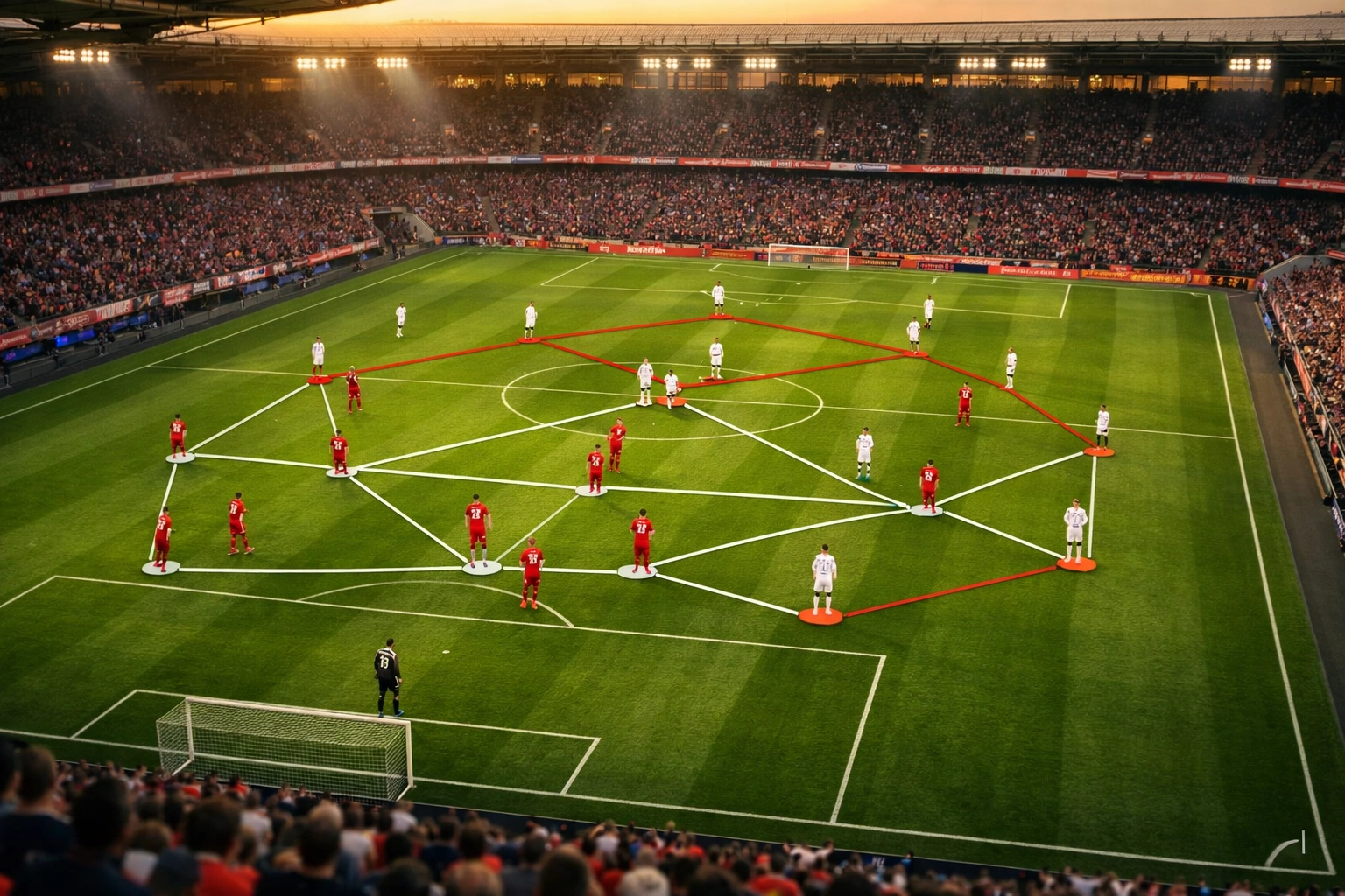 Bundesliga-Stadion Vogelperspektive zeigt taktische Spielerpositionierung in 4-3-3 Formation