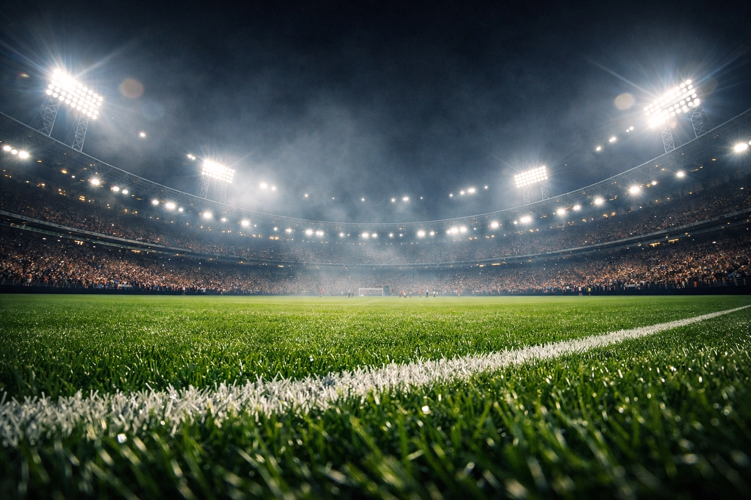 Modernes Fußballstadion bei Flutlicht als Kulisse für detaillierte Spielanalysen.