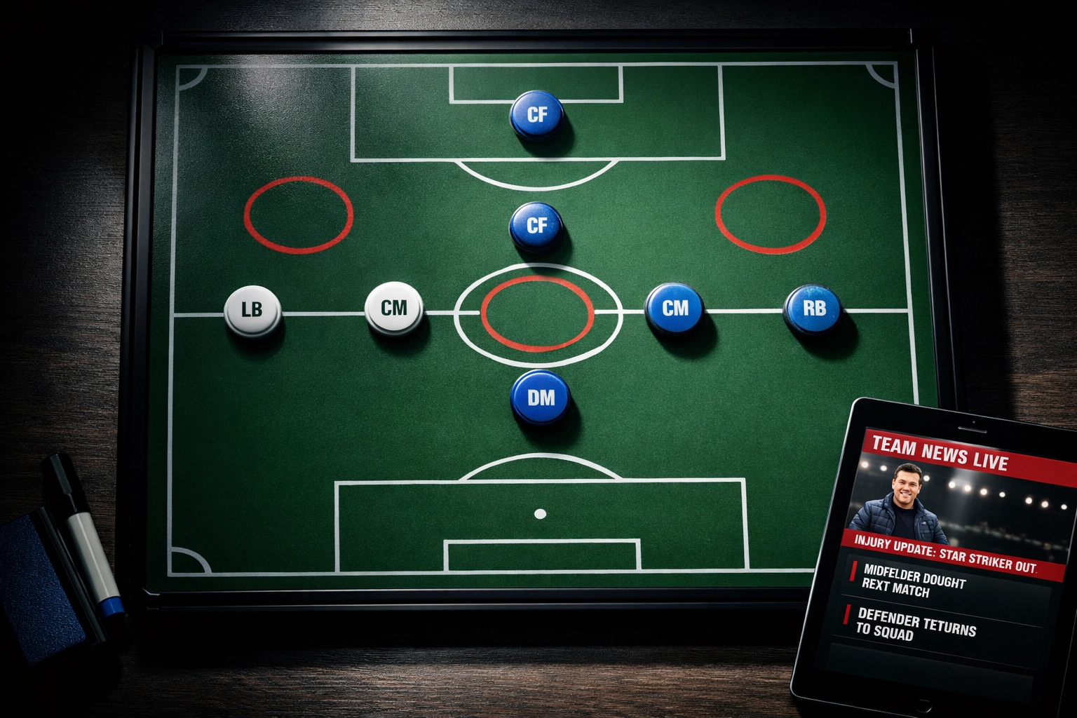 Bundesliga Startelf-Analyse mit taktischer Aufstellung und fehlenden Stammspielern auf Taktiktafel