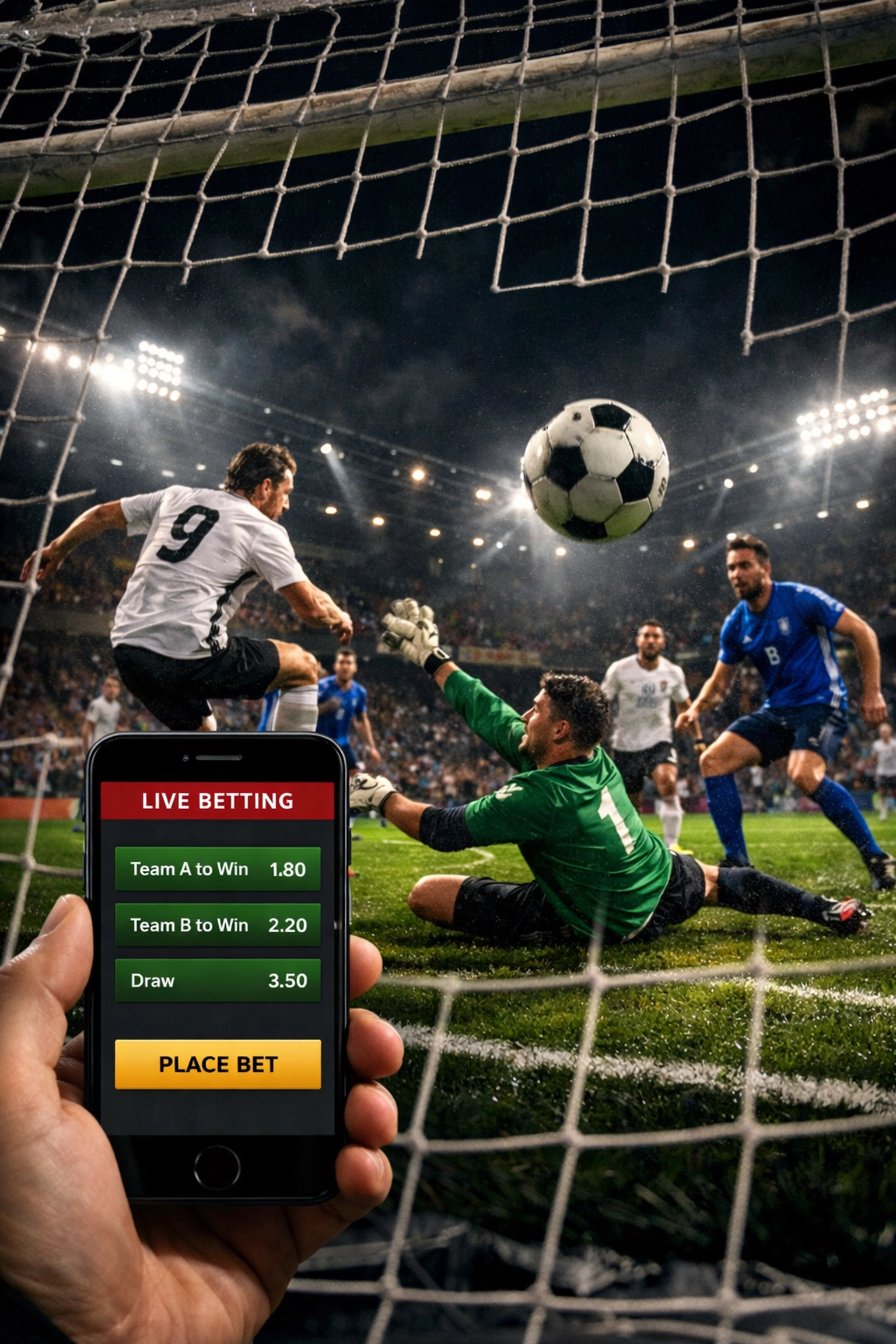 Fußballspiel im Stadion mit Smartphone und Livewetten-Interface im Vordergrund